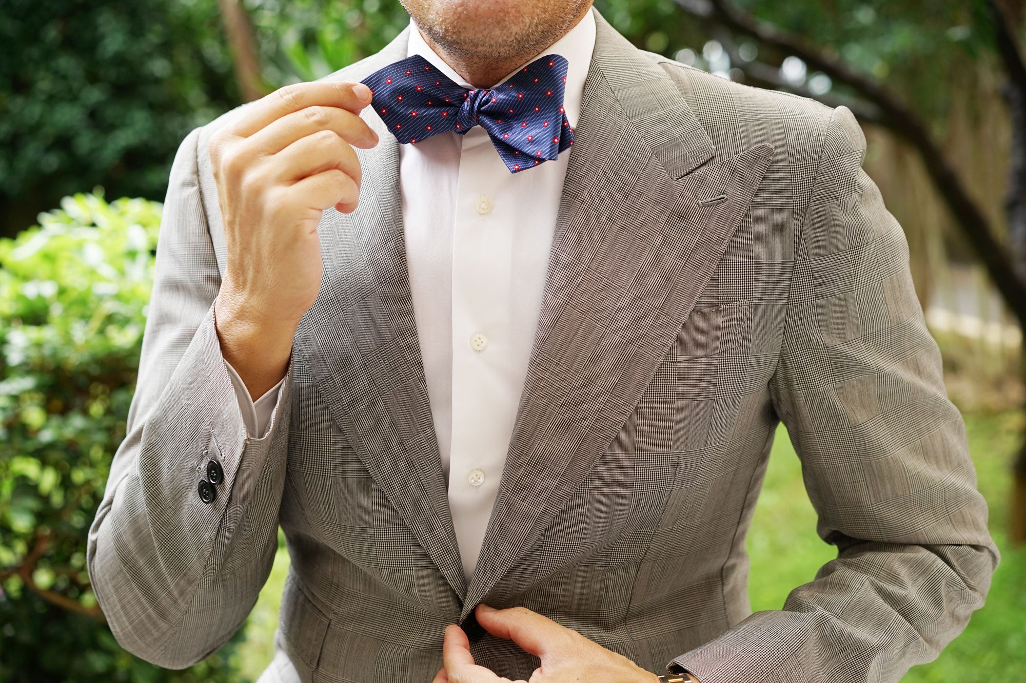 Navy Blue with Red Pattern Self Tie Diamond Tip Bow Tie