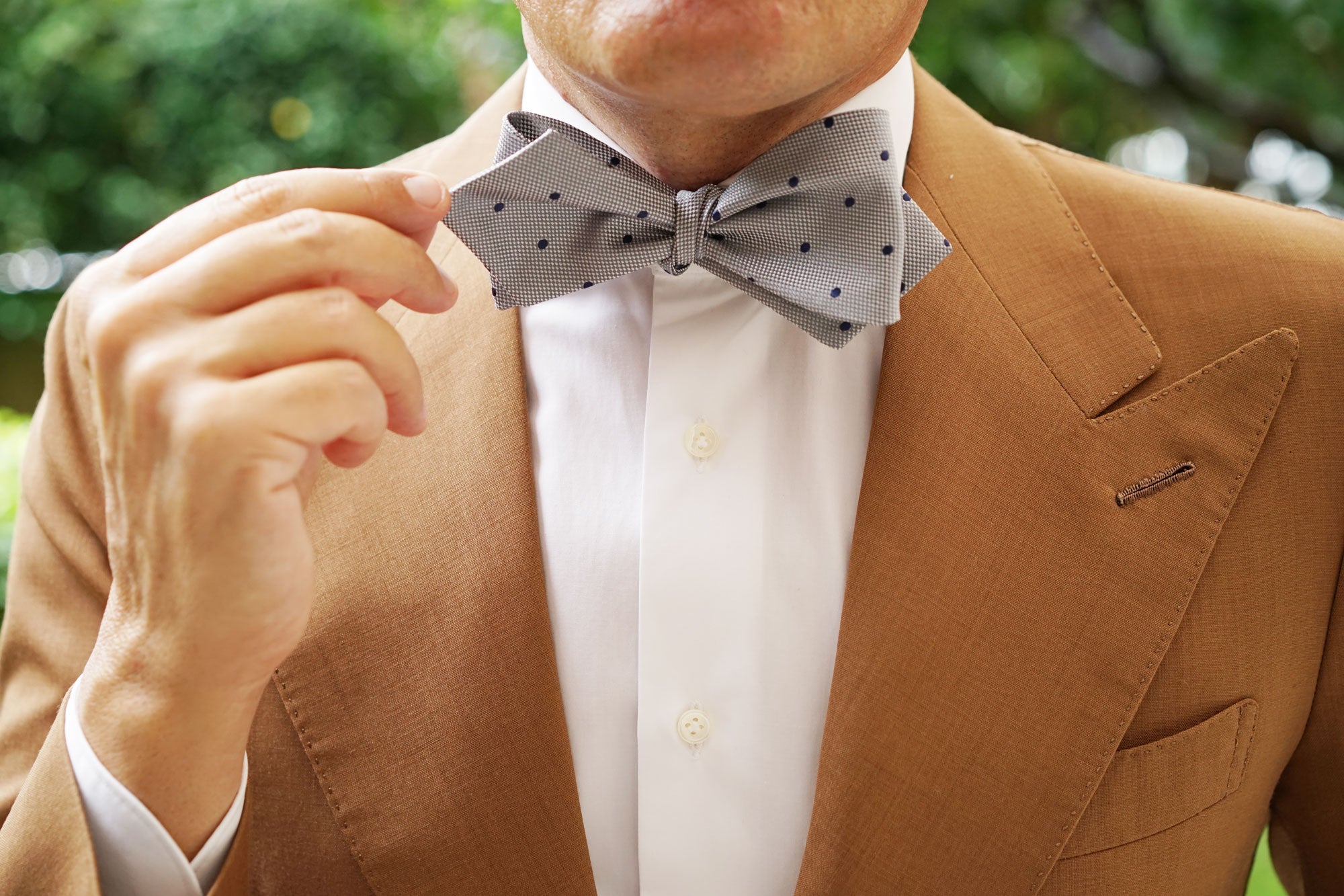 Grey with Navy Blue Polkadots Textured Self Tie Diamond Tip Bow Tie