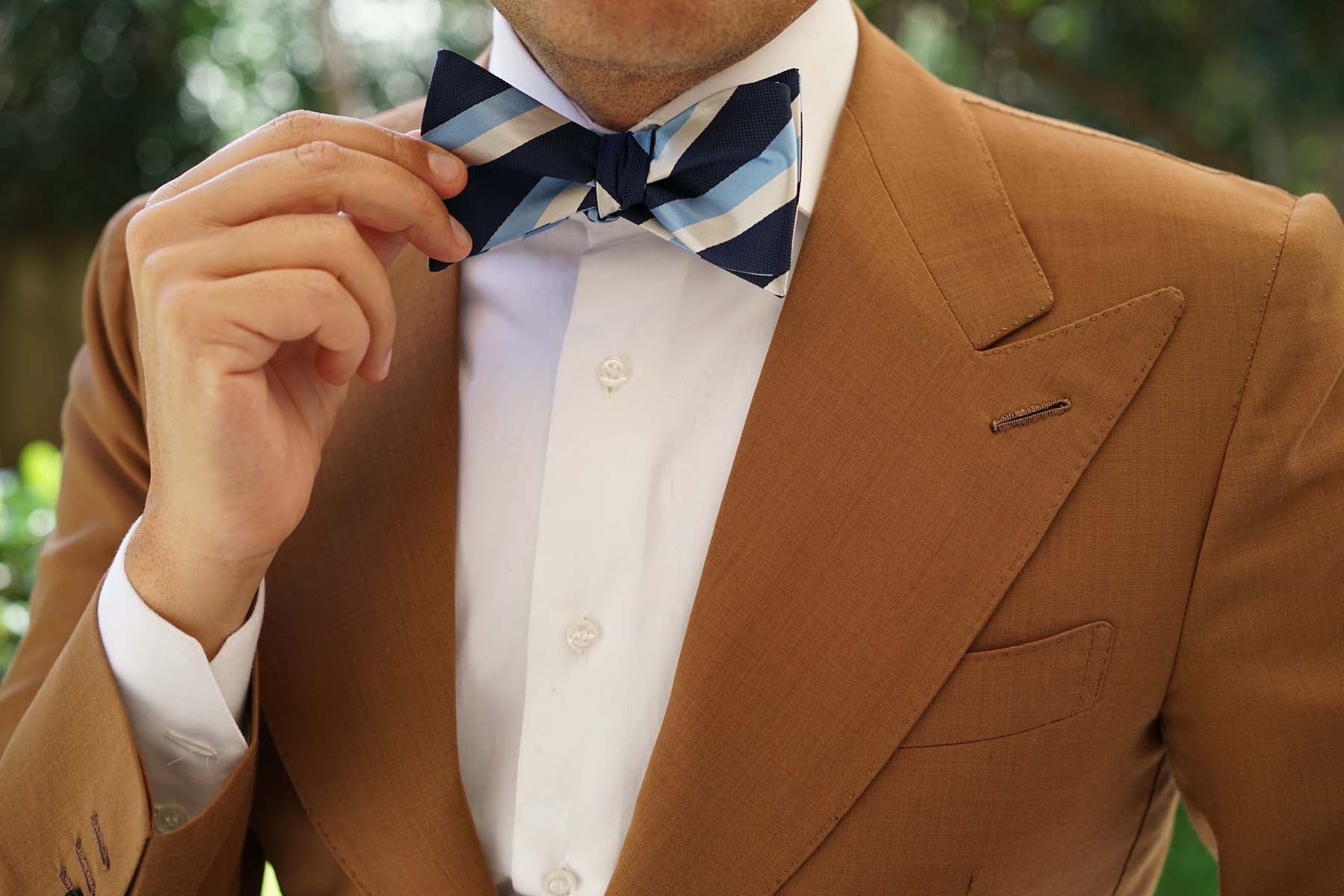 White Navy and Light Blue Striped Bow Tie Untied