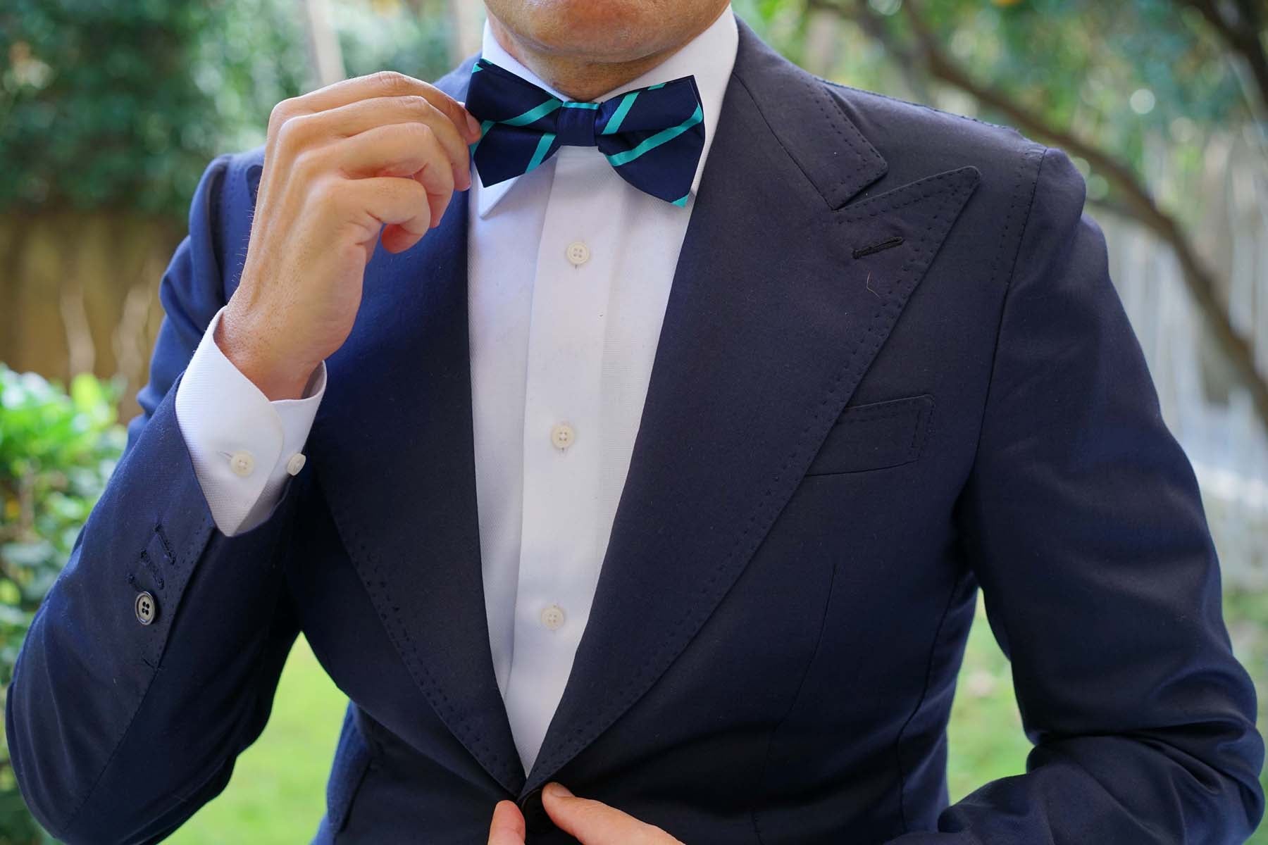 Navy Blue Bow Tie with Striped Light Blue