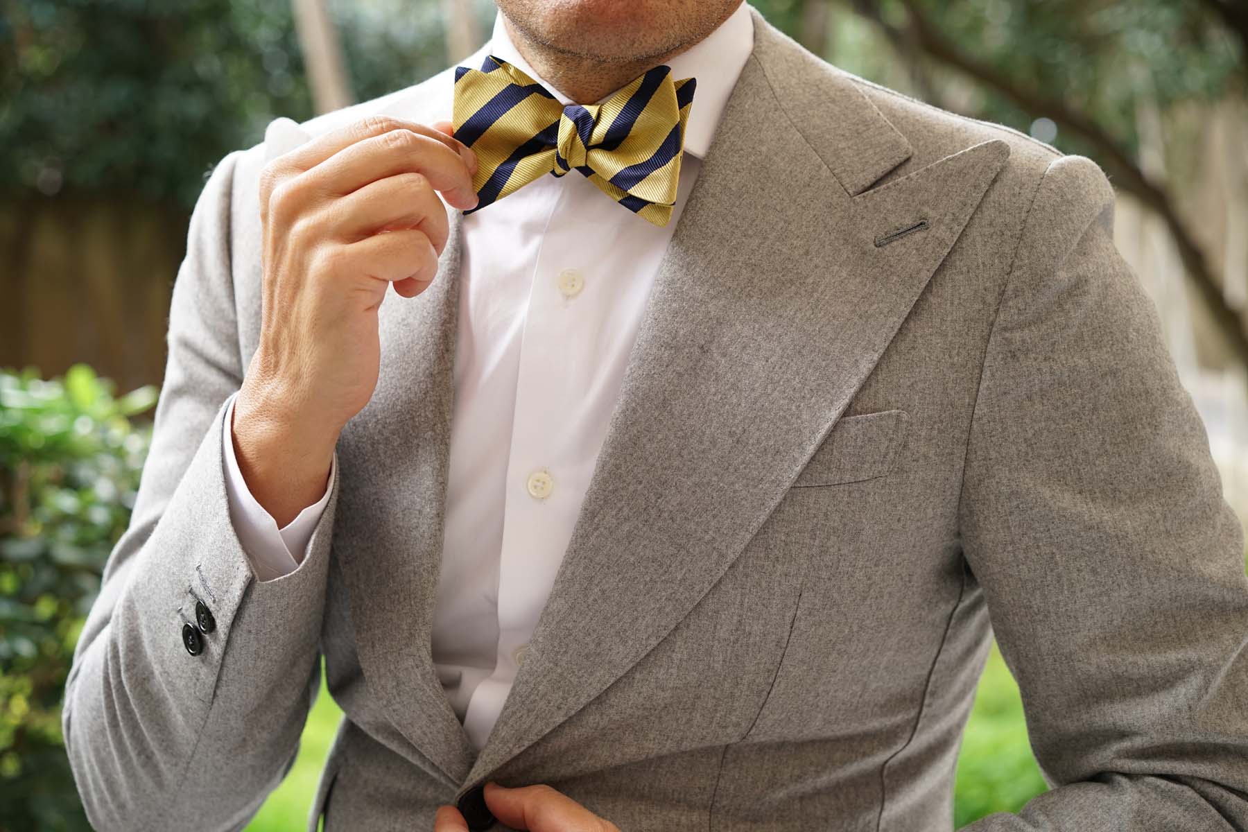 Navy Stripe Yellow Twill Self Bow Tie