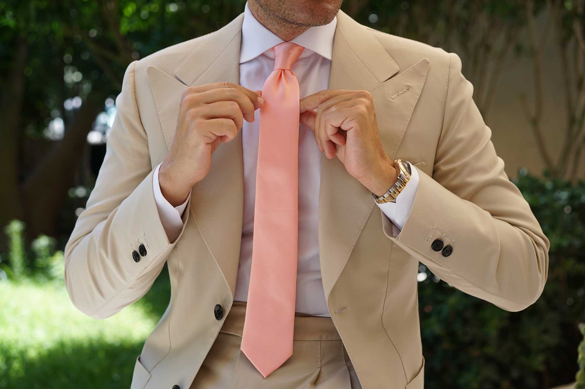 Salmon Frosty Pink Satin Skinny Tie