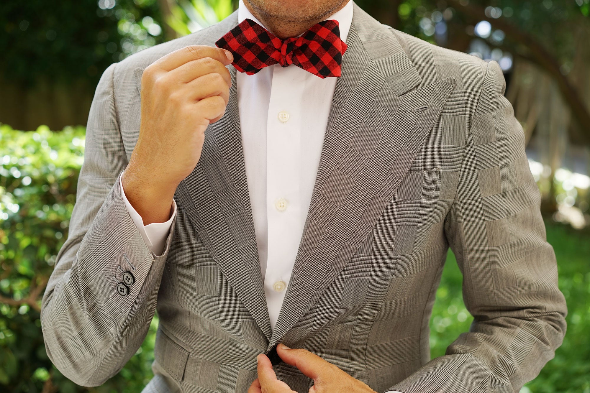 Red & Black Gingham Diamond Self Bow Tie