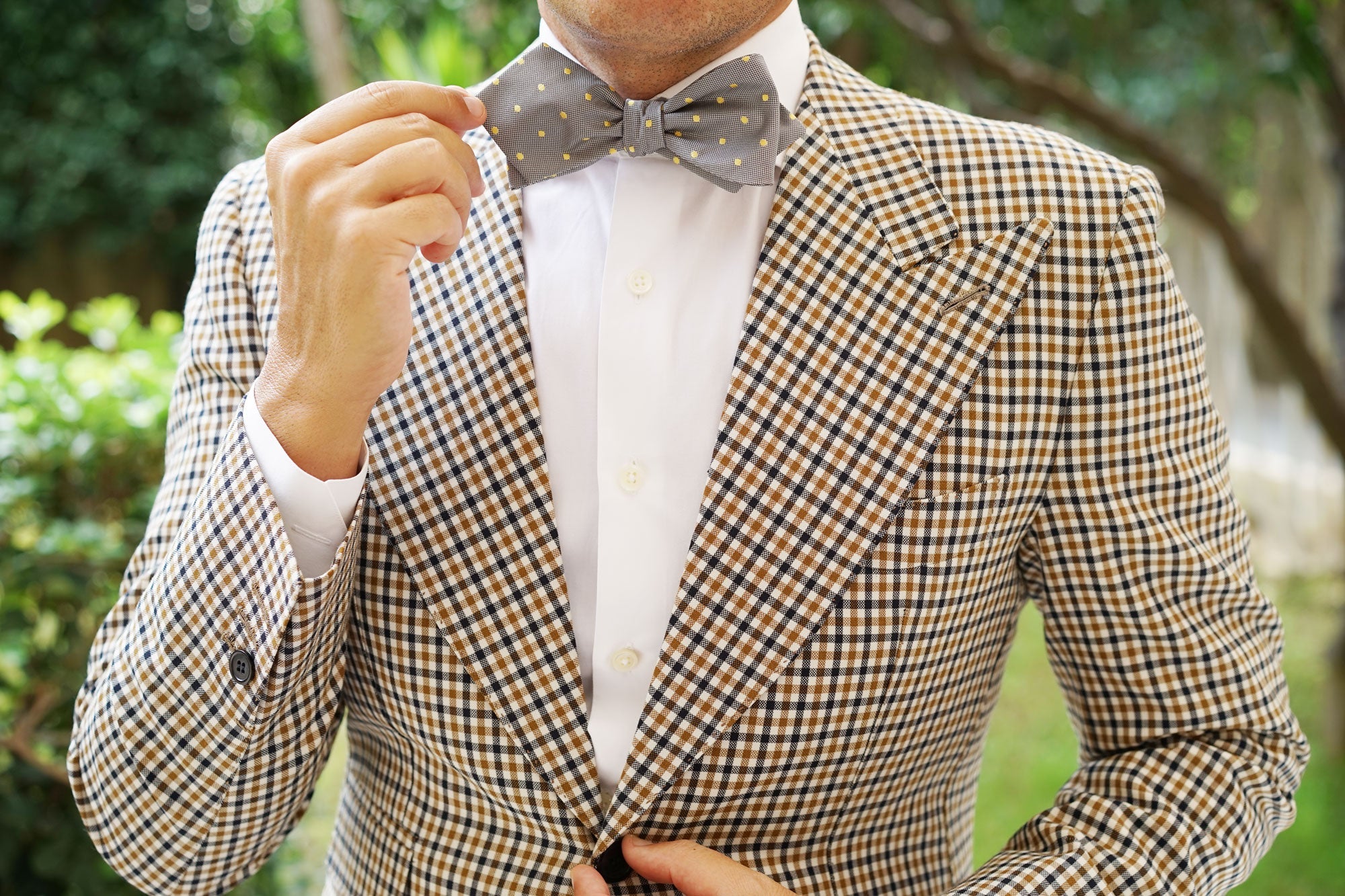 Grey with Yellow Polka Dots Self Tie Diamond Tip Bow Tie