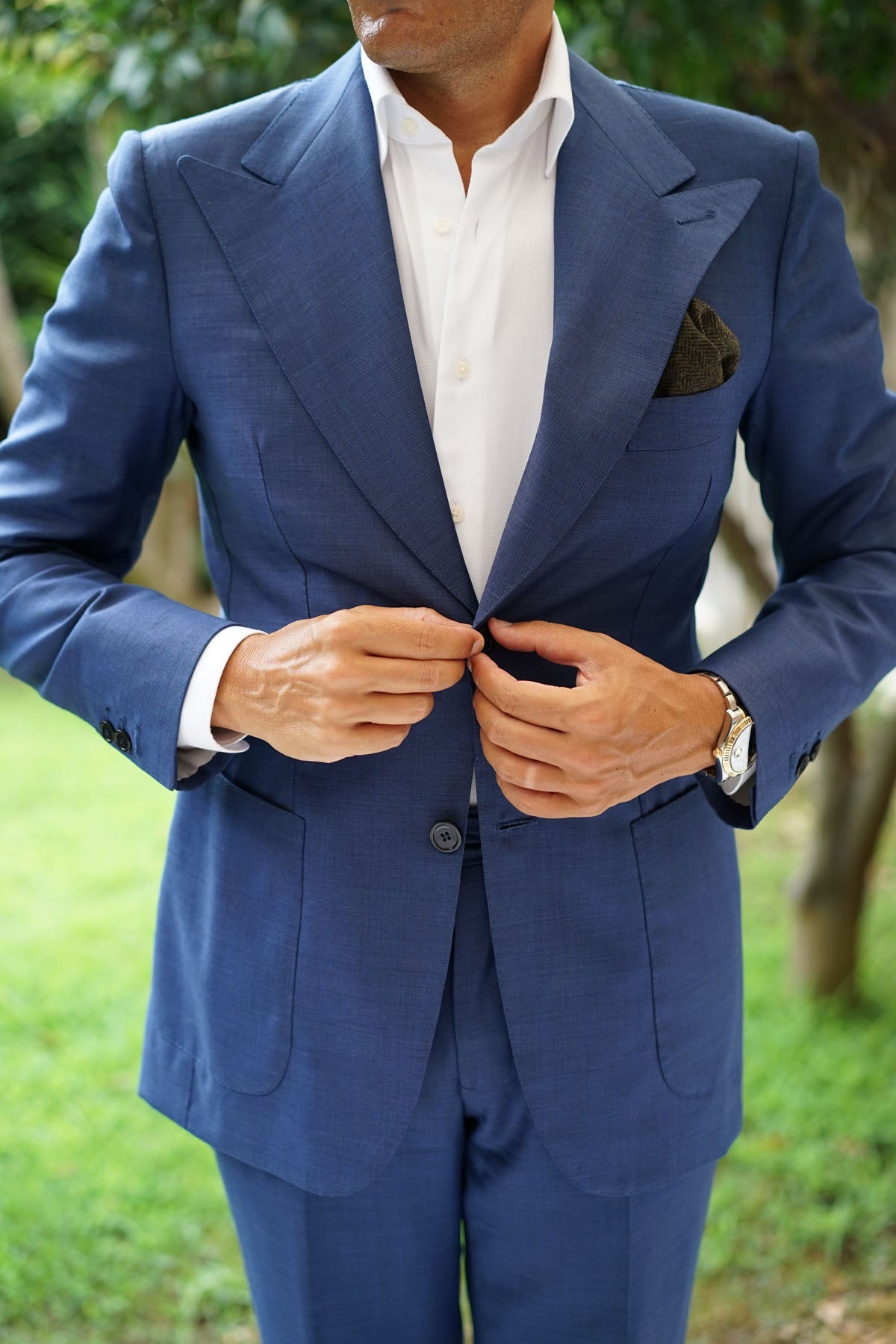 Essex Green Herringbone Textured Wool Pocket Square