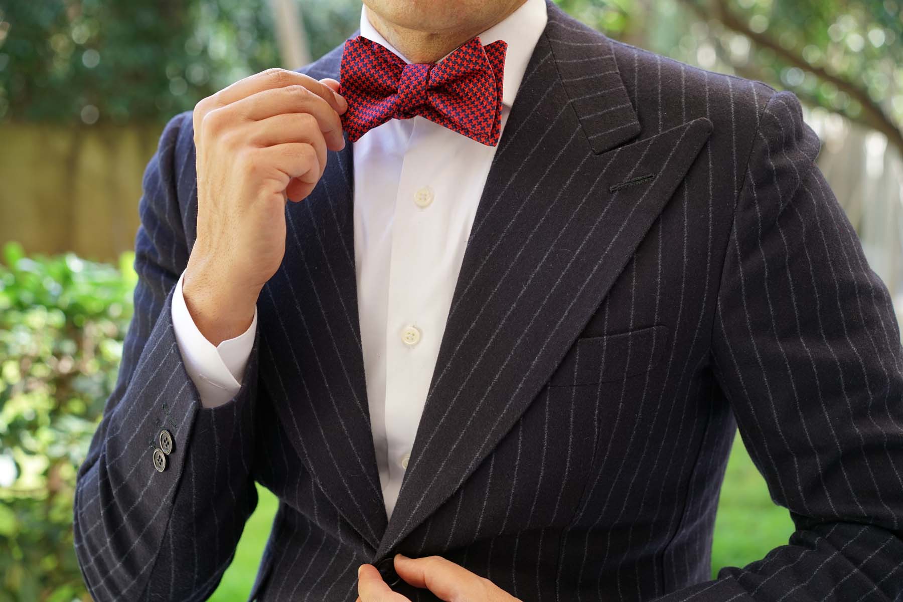 Scarlet Red Houndstooth Self Bow Tie