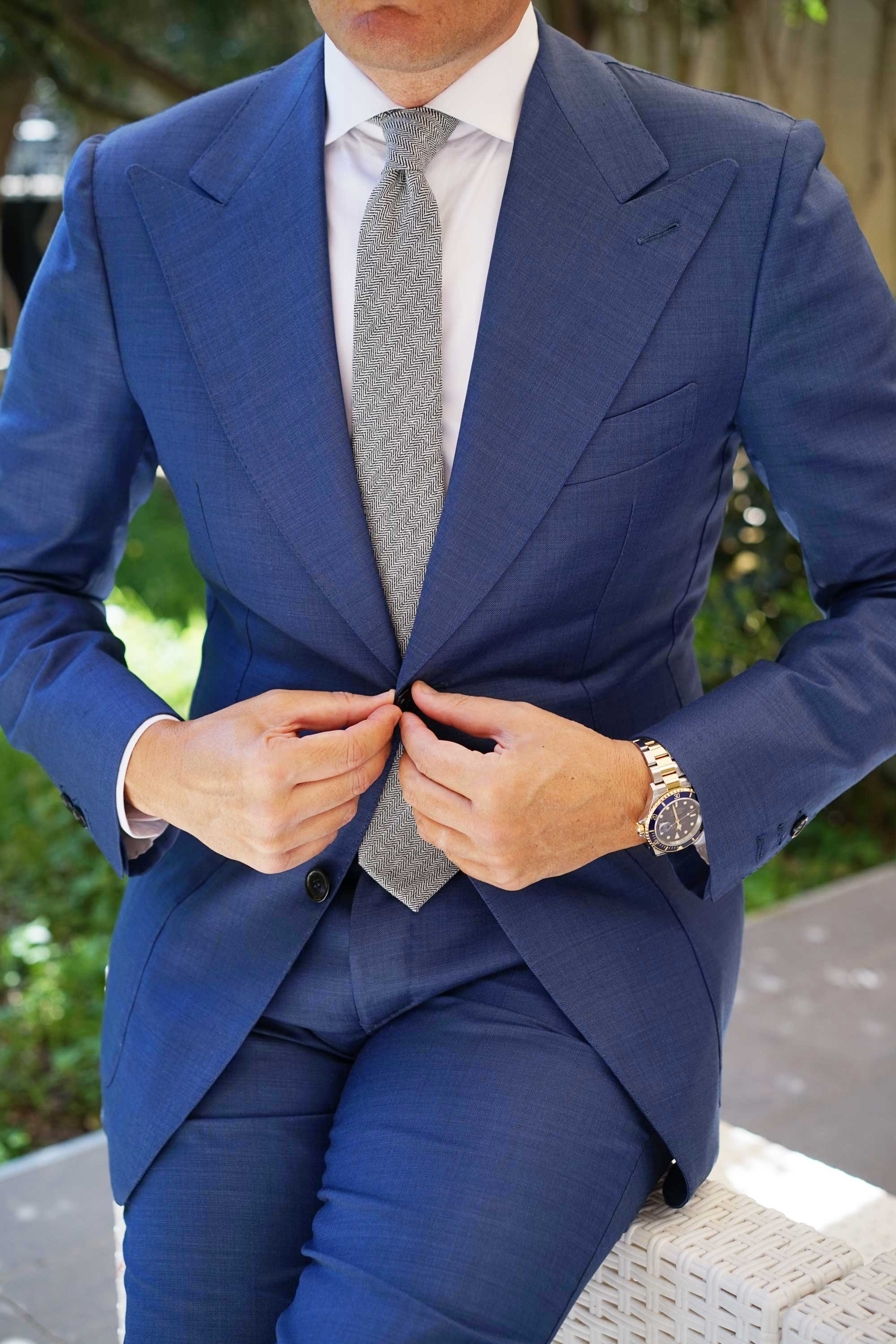 Black Herringbone Linen Skinny Tie