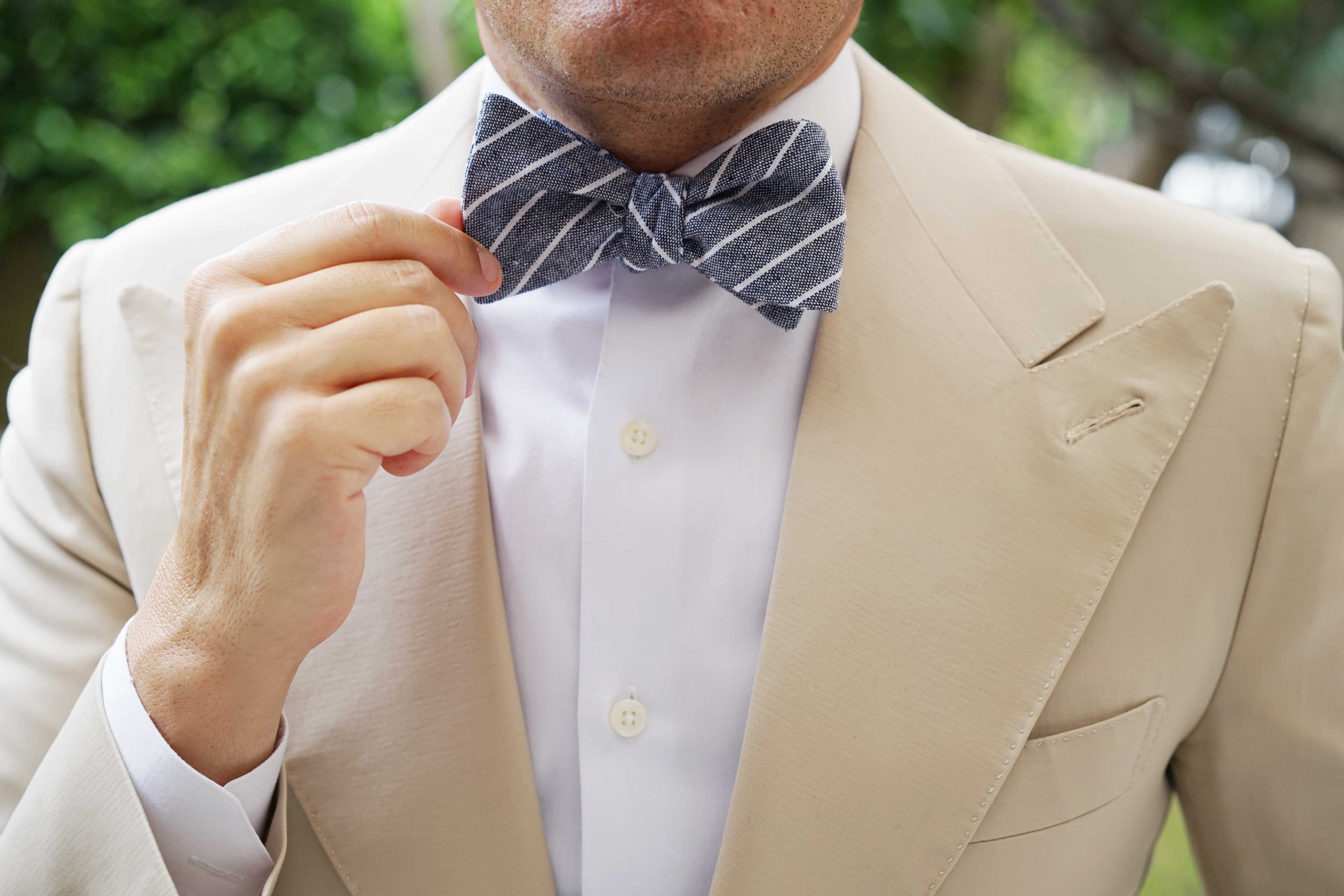 Starry Night Blue Pinstripe Linen Self Bow Tie