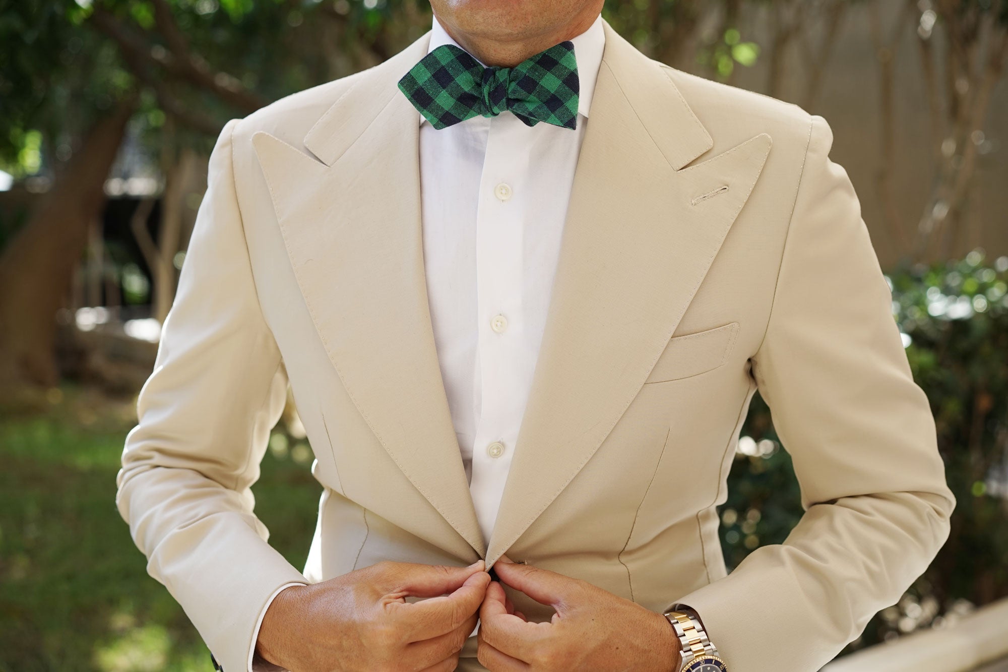 Raw Green Gingham Linen Diamond Self Bow Tie