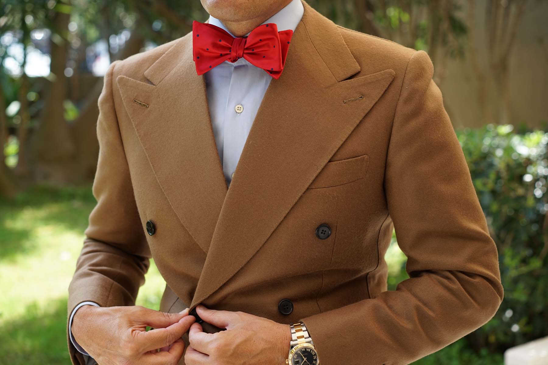 Maroon Bow Tie Untied with Navy Blue Polka Dots