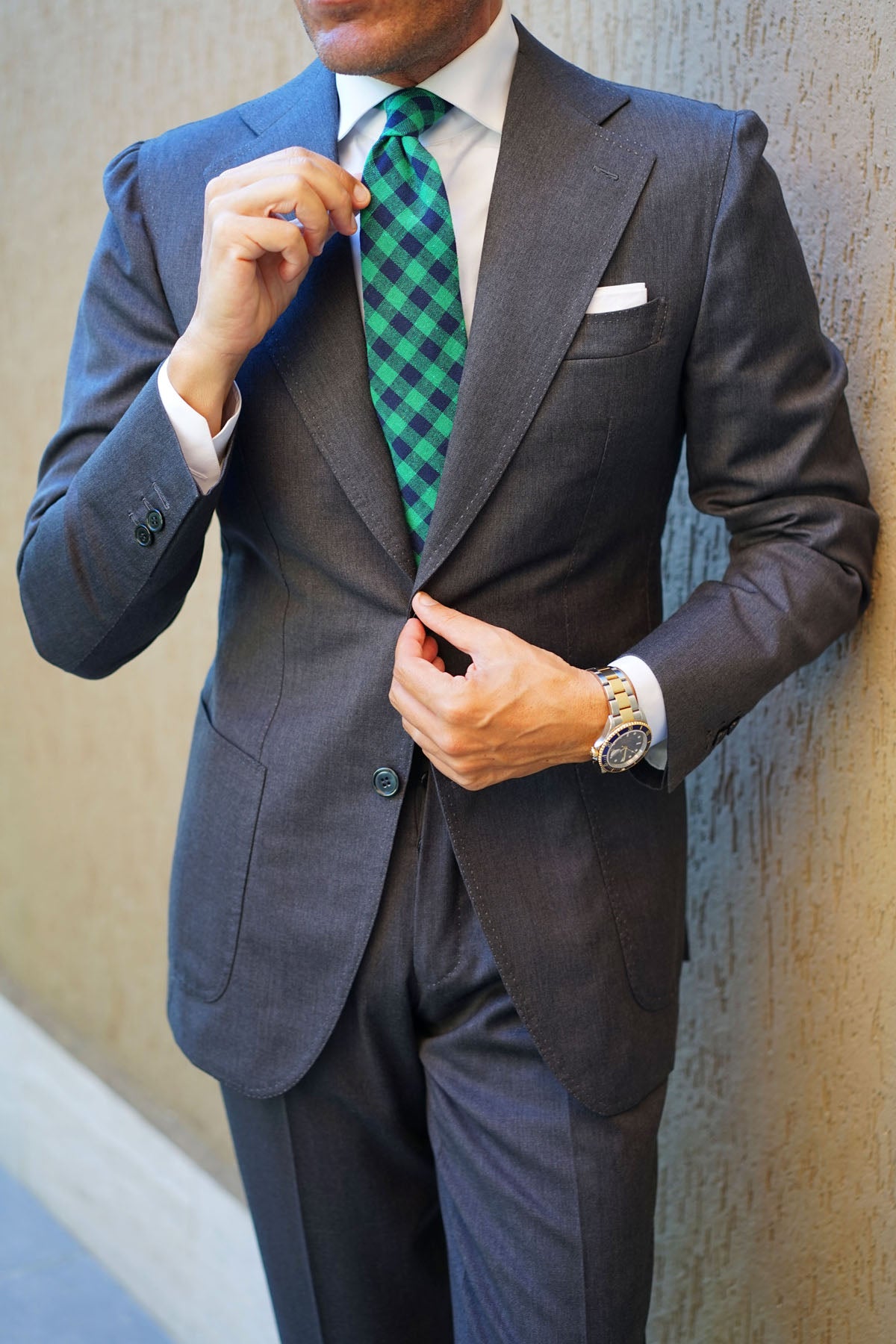 Raw Green Gingham Linen Tie