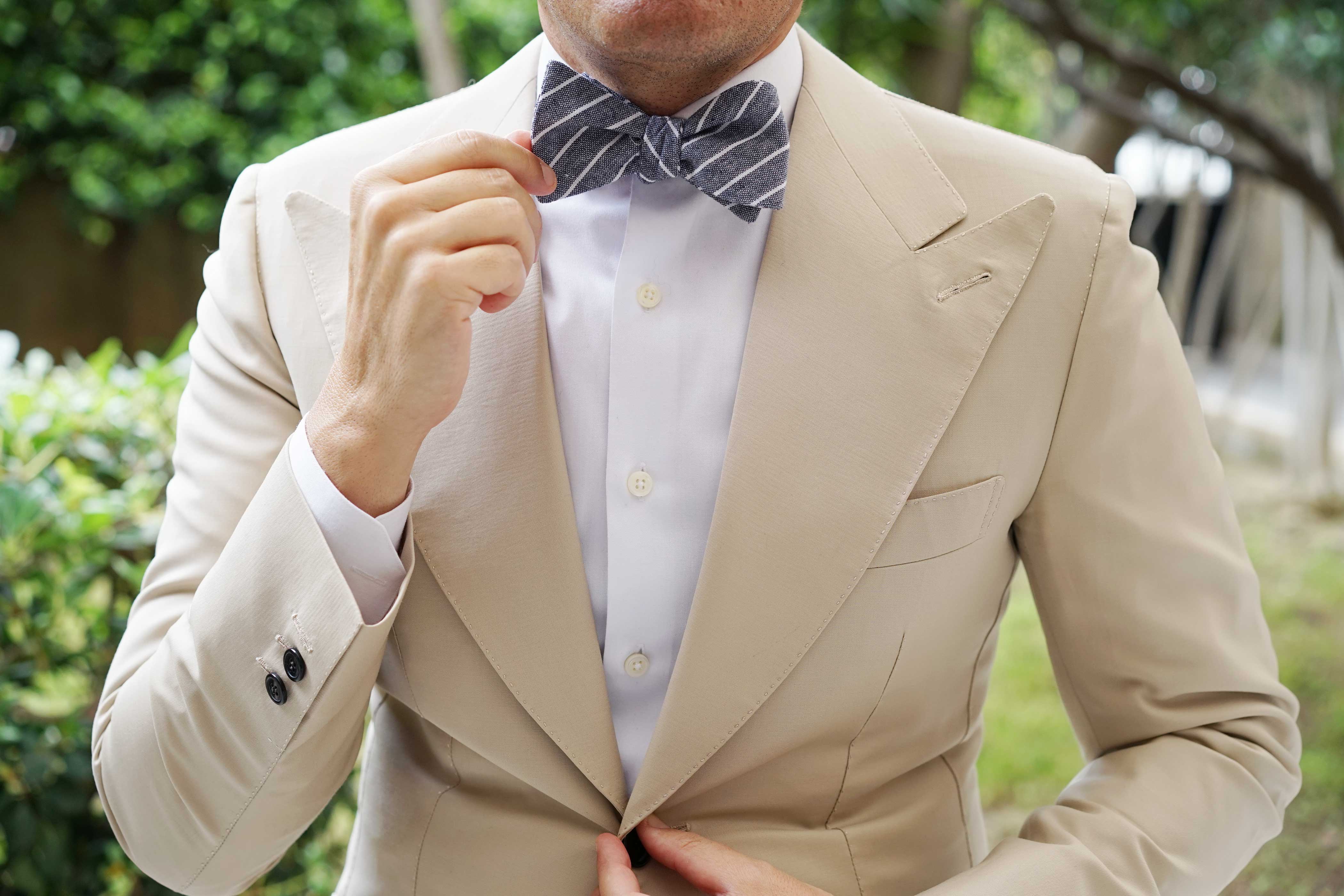 Starry Night Blue Pinstripe Linen Self Bow Tie