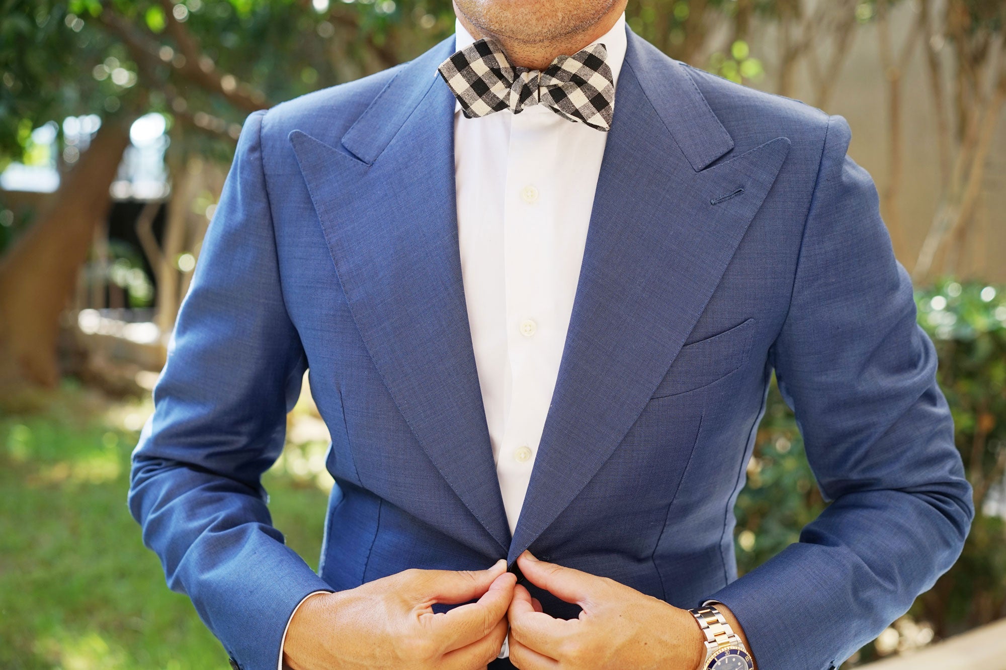 Khaki & Black Gingham Linen Diamond Self Bow Tie