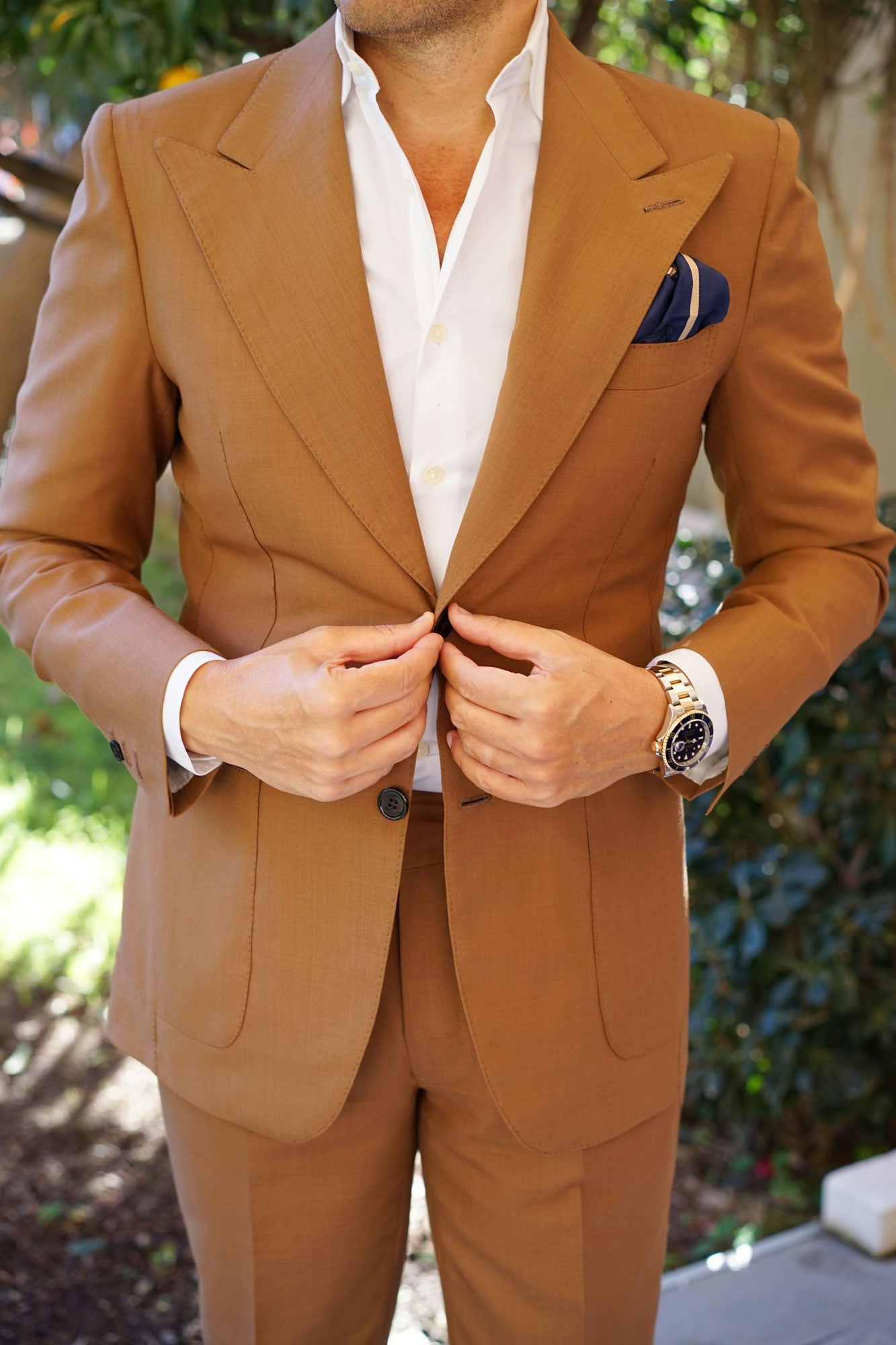 Navy Blue Champagne Gold Striped Pocket Square