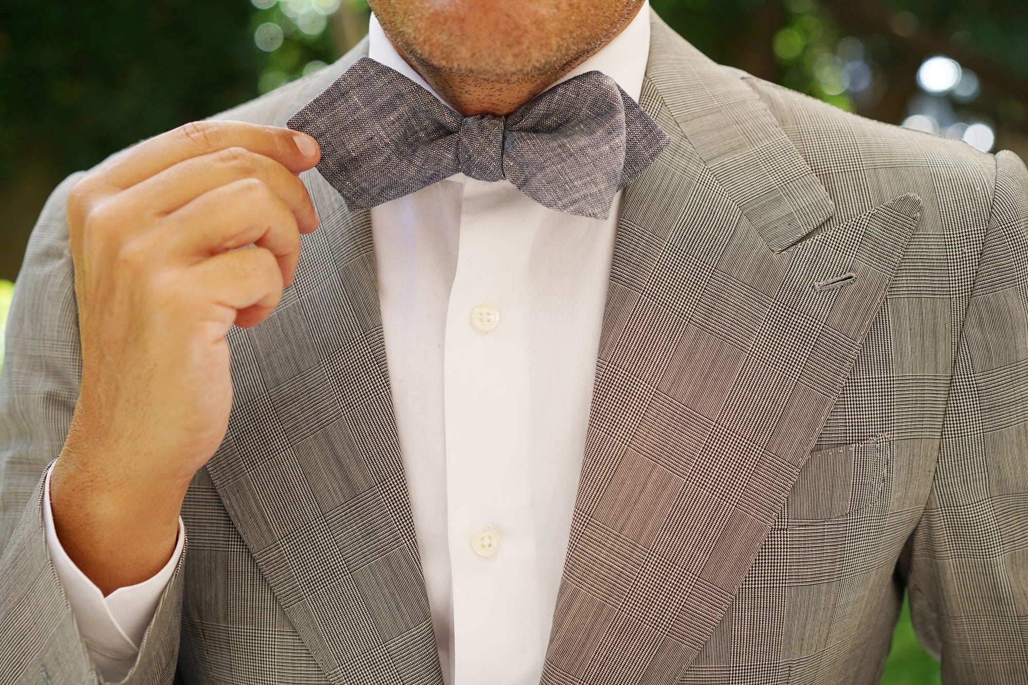 Navy Blue Linen Chambray Self Tie Diamond Bow Tie