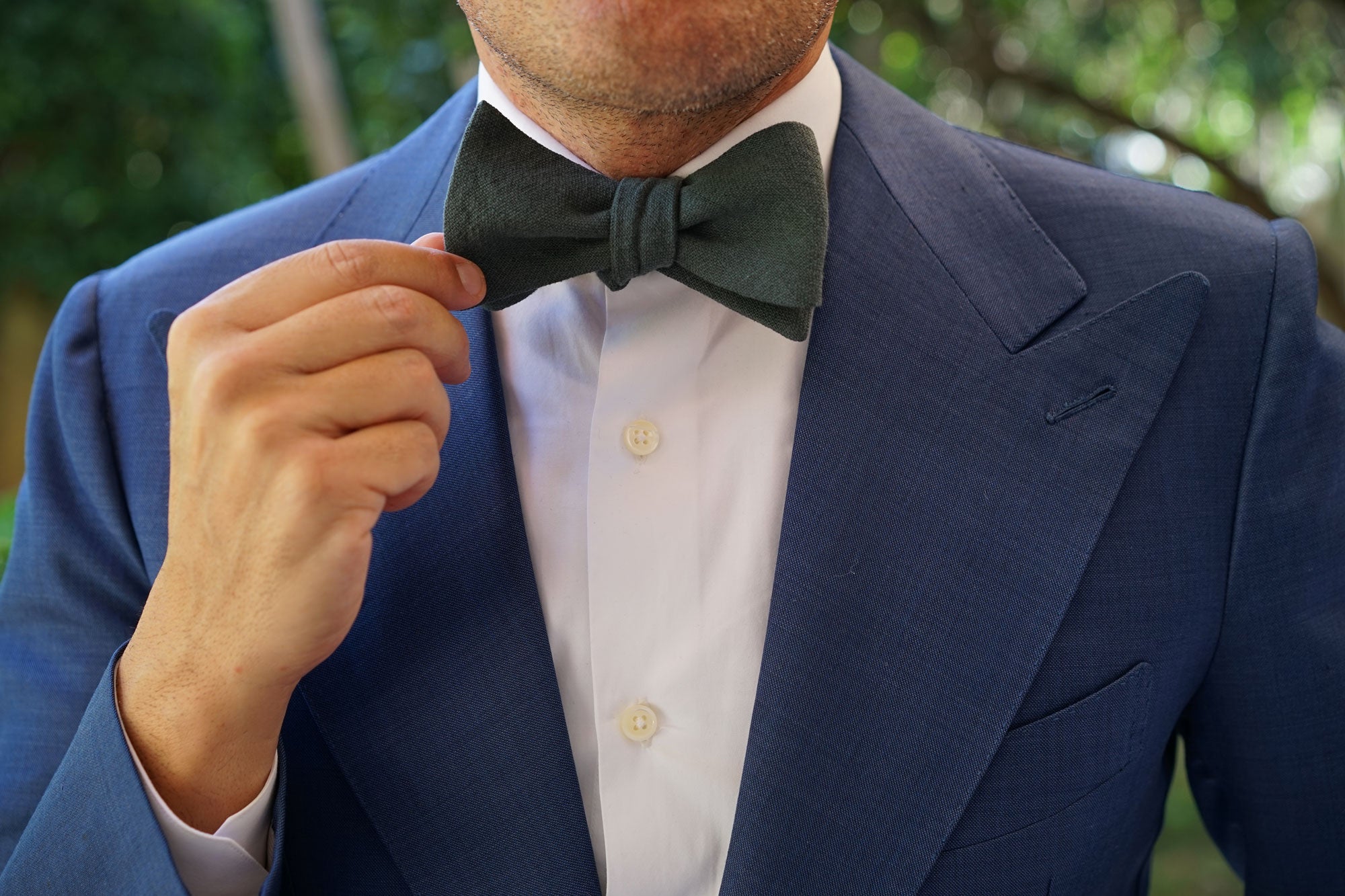 Emerald Dark Green Linen Self Bow Tie