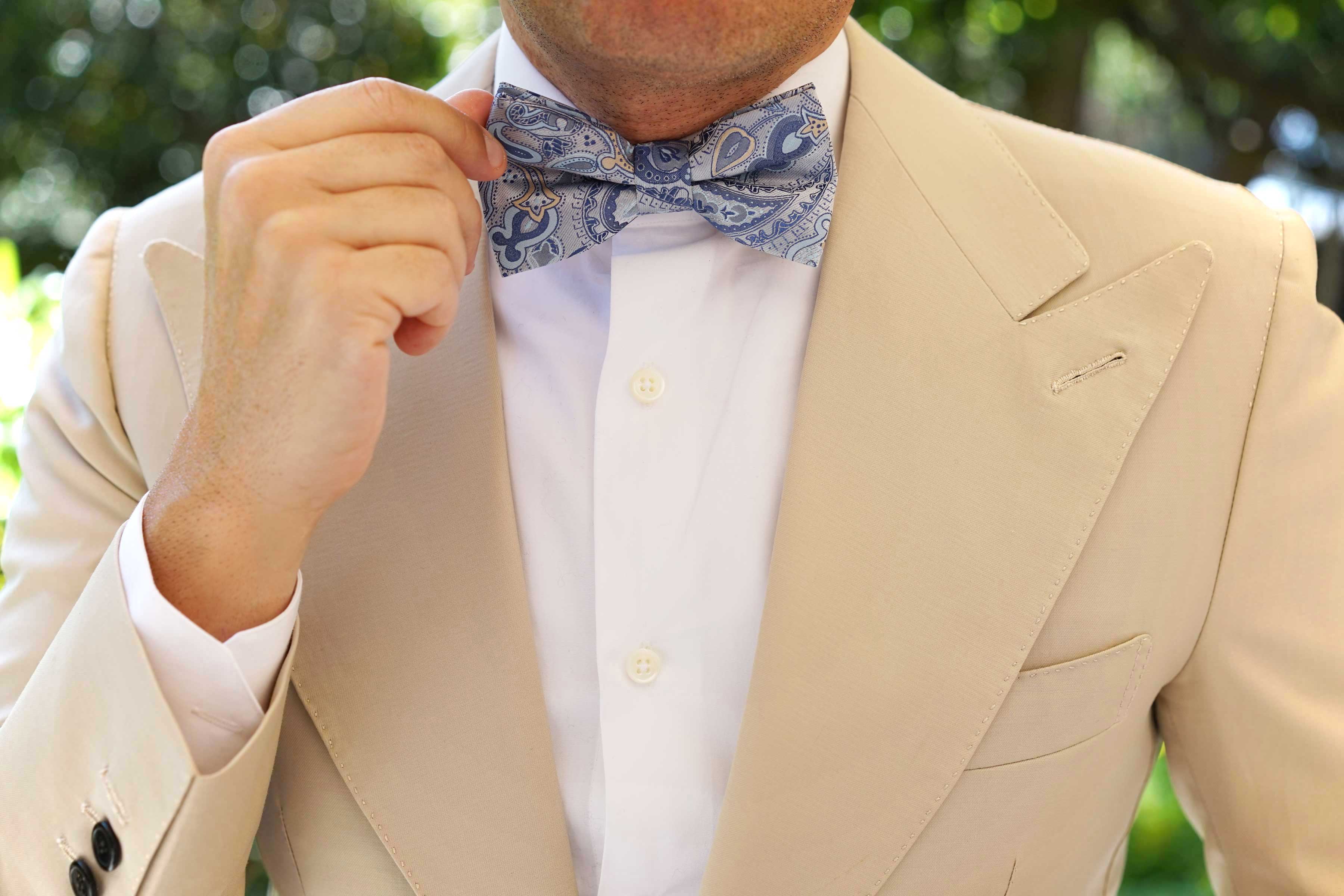 Paisley Silver Bow Tie with Light Blue