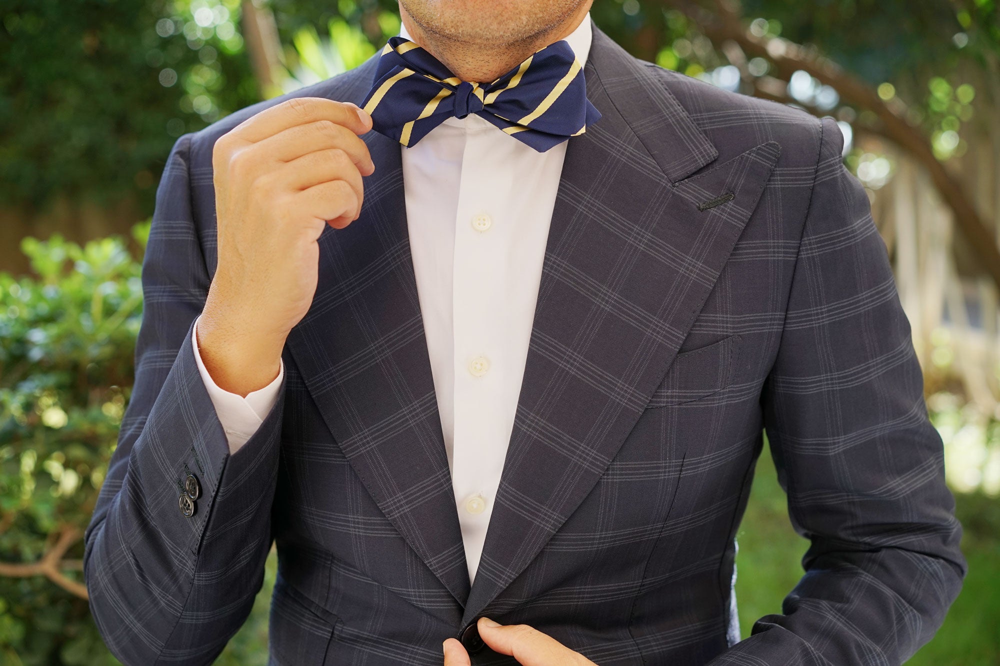 Navy Blue with Yellow Stripes Self Tie Diamond Tip Bow Tie