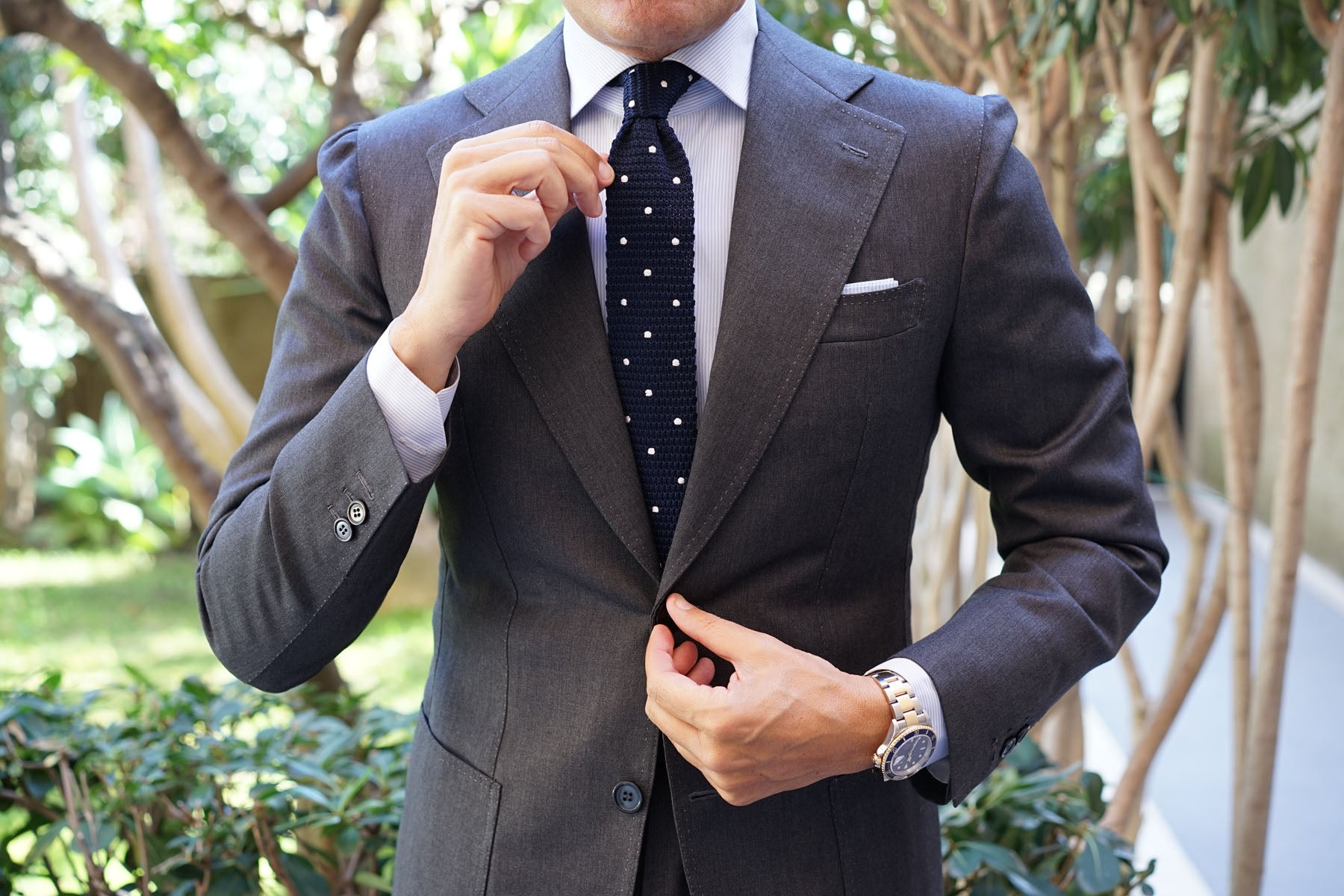 Navy Blue Knitted Tie with White Polka Dots