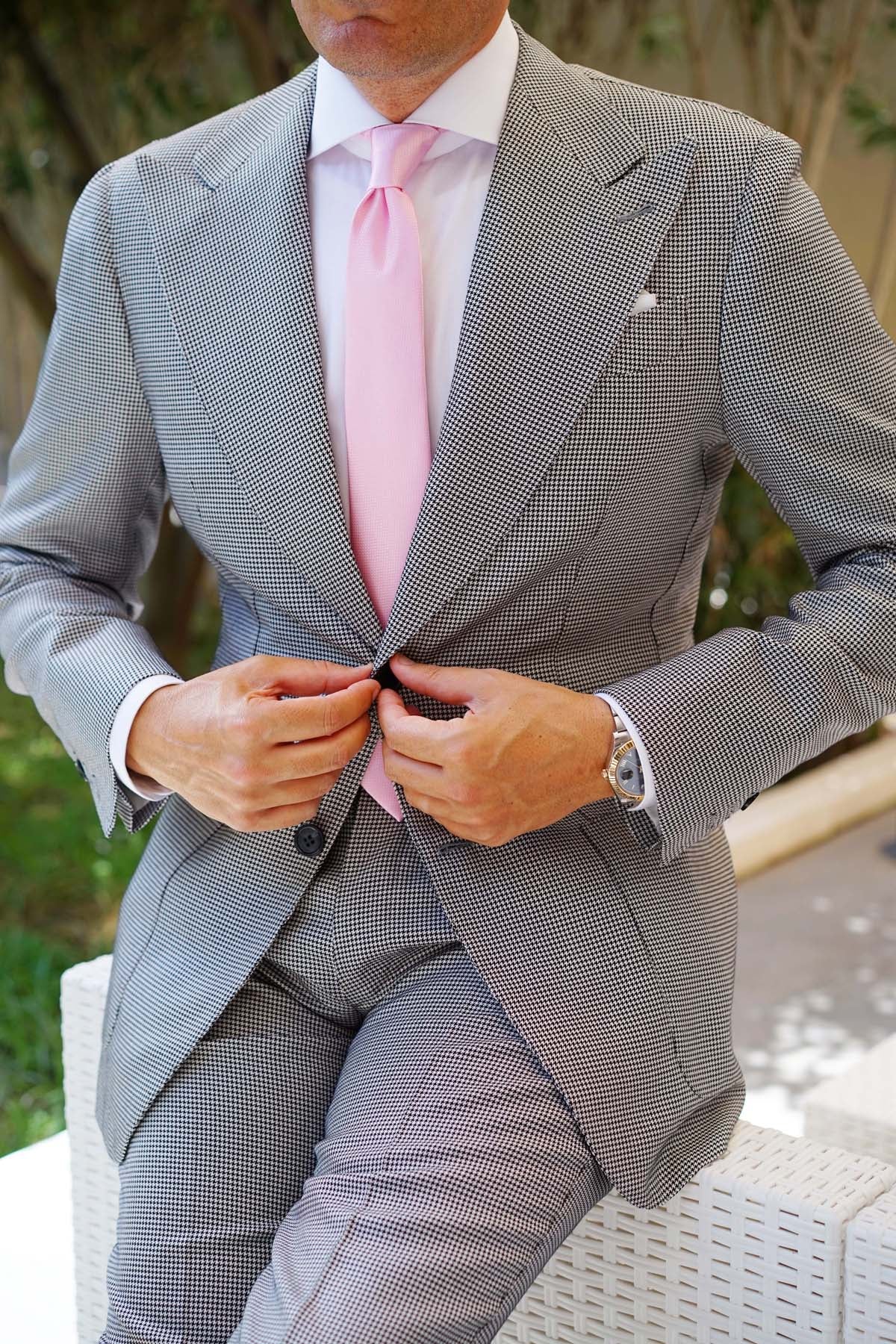 Peony Pink Basket Weave Skinny Tie