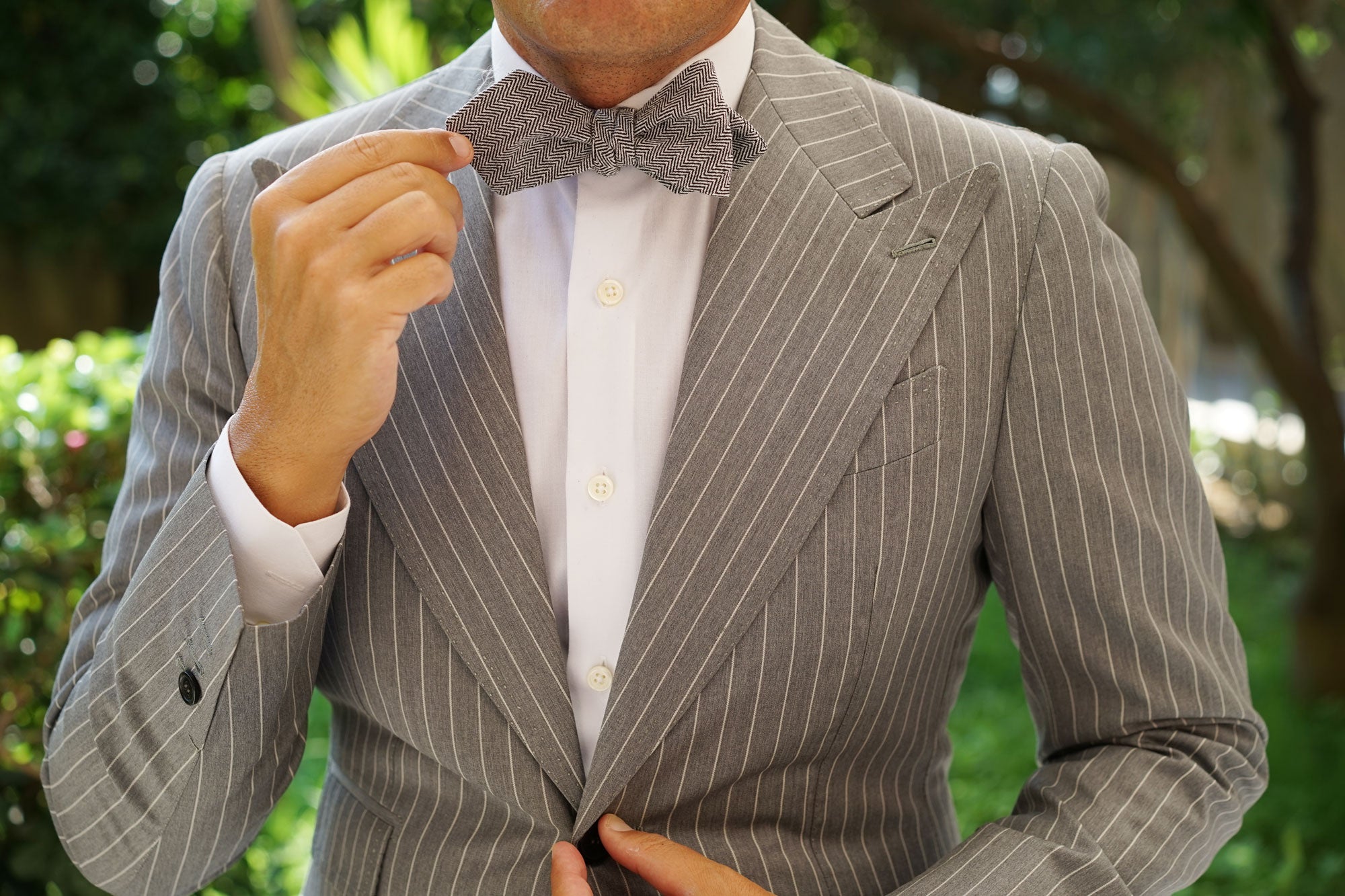 Black Herringbone Linen Self Tie Diamond Bow Tie