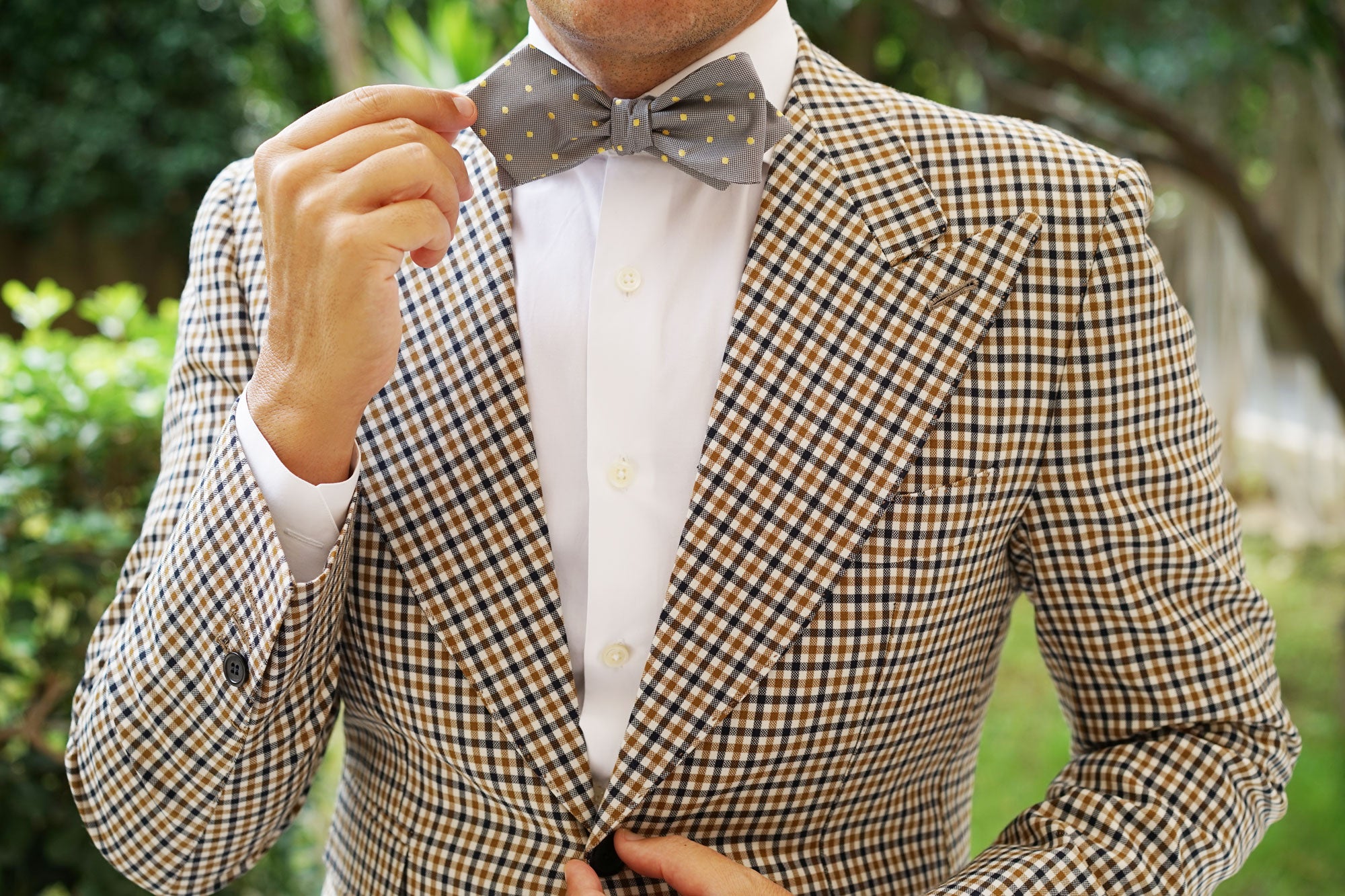 Grey with Yellow Polka Dots Self Tie Diamond Tip Bow Tie