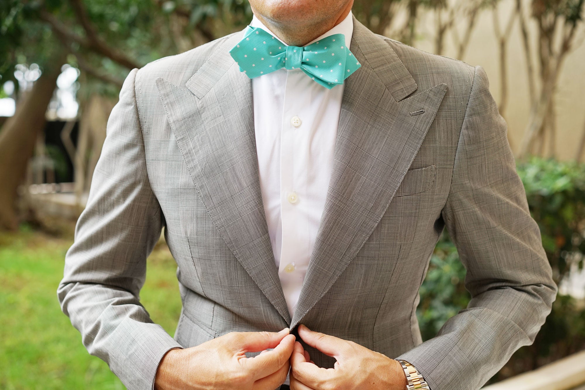 Seafoam Green with White Polka Dots Self Tie Diamond Tip Bow Tie