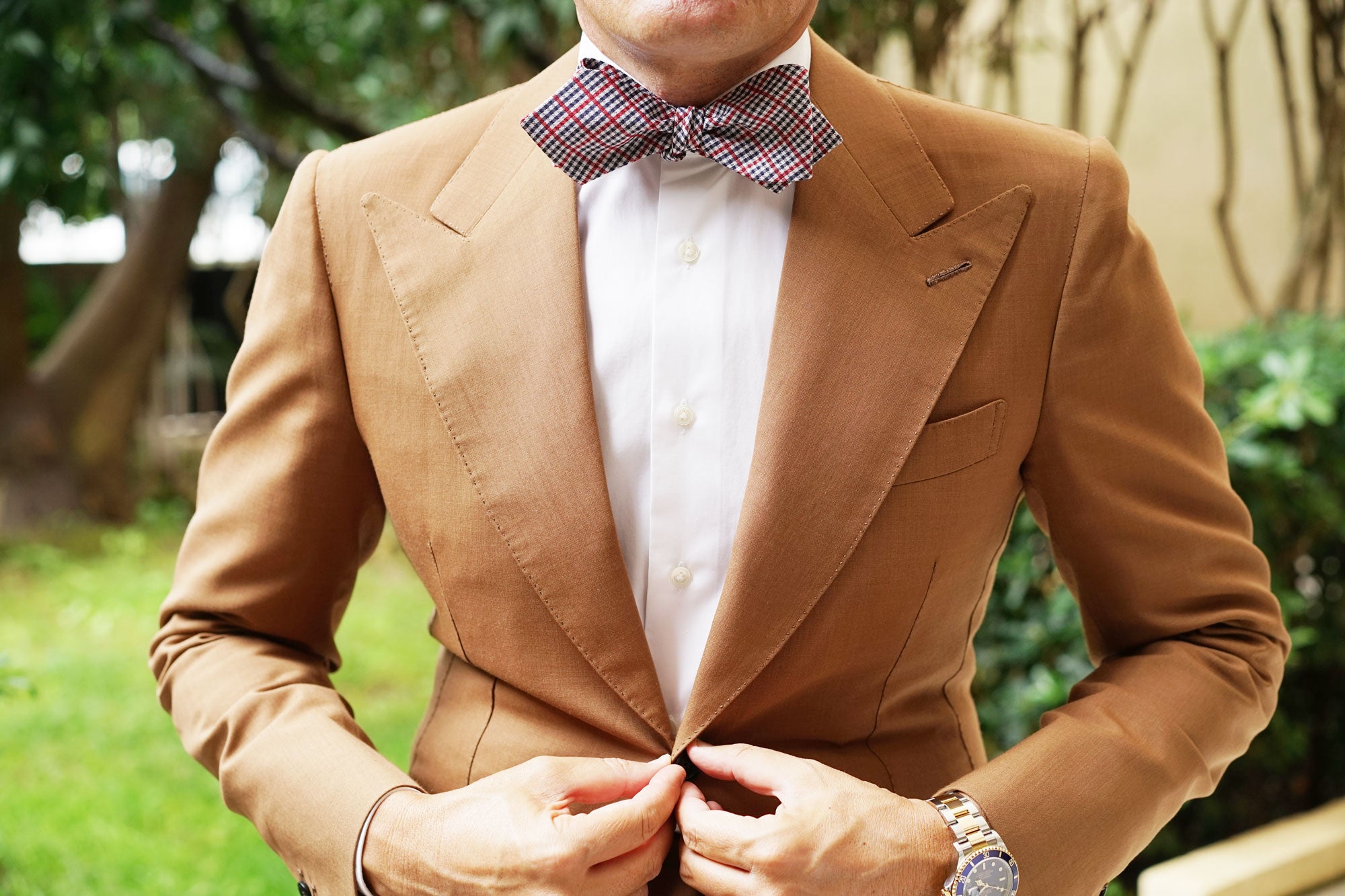 Crimson Gingham Self Tie Diamond Tip Bow Tie