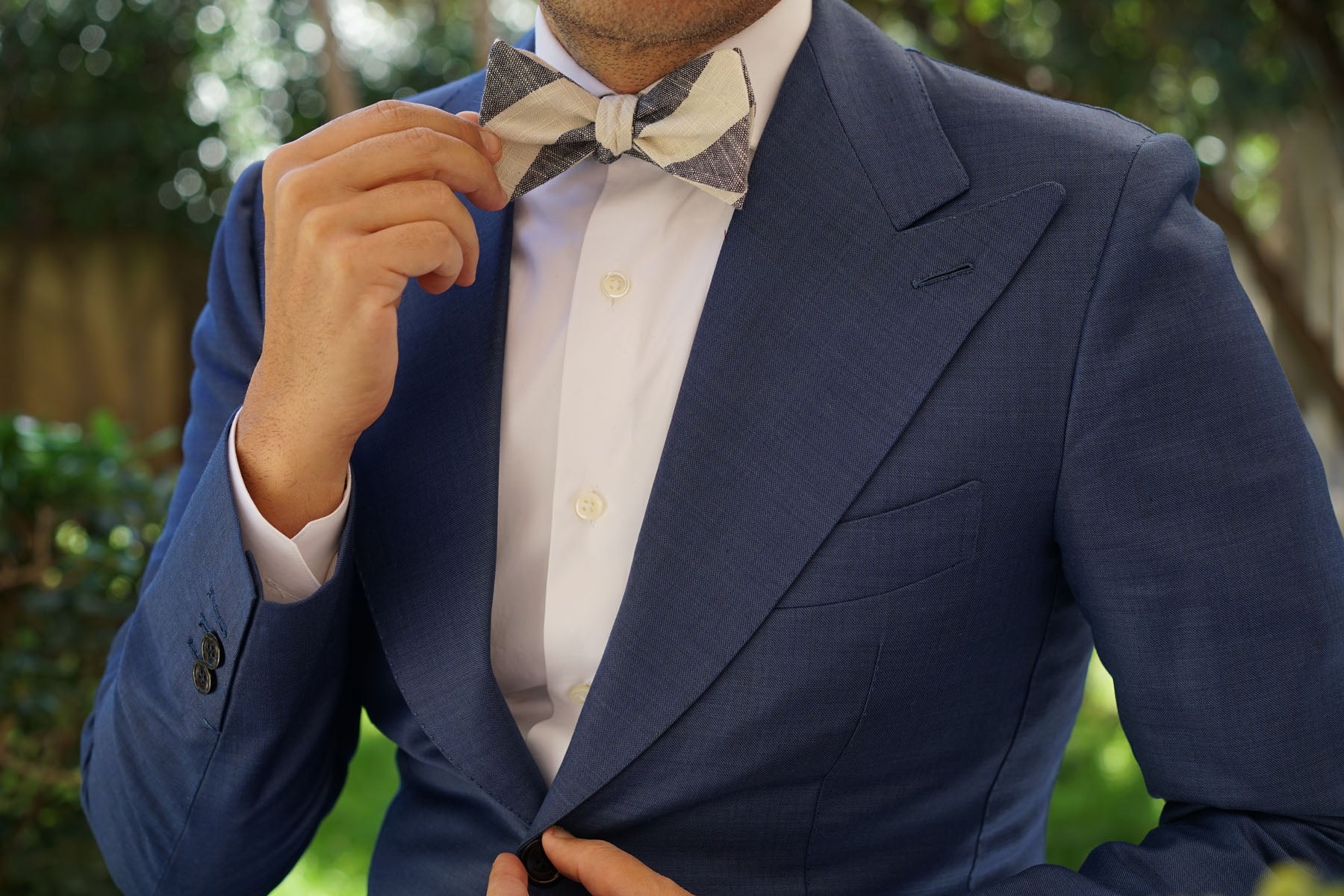 Kekova Blue Striped Linen Self Bow Tie