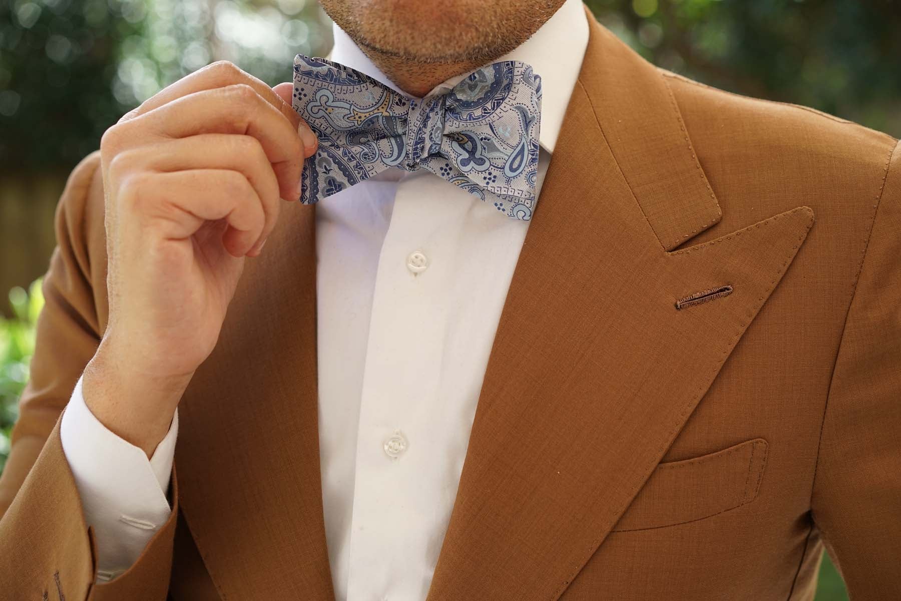 Paisley Silver Bow Tie Untied with Light Blue