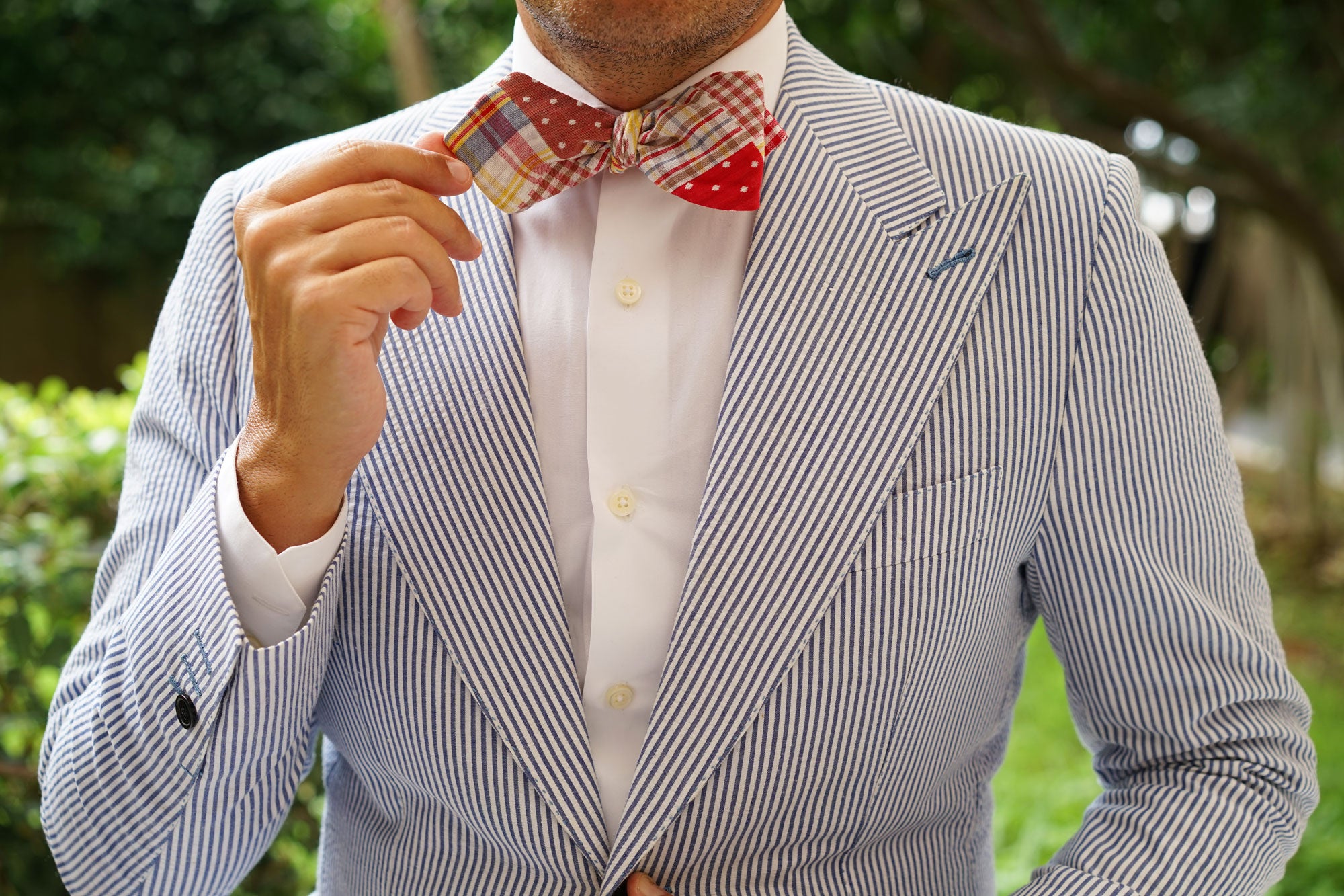 Plaid Red Gingham Cotton Polka Dot Self Tie Diamond Bow Tie