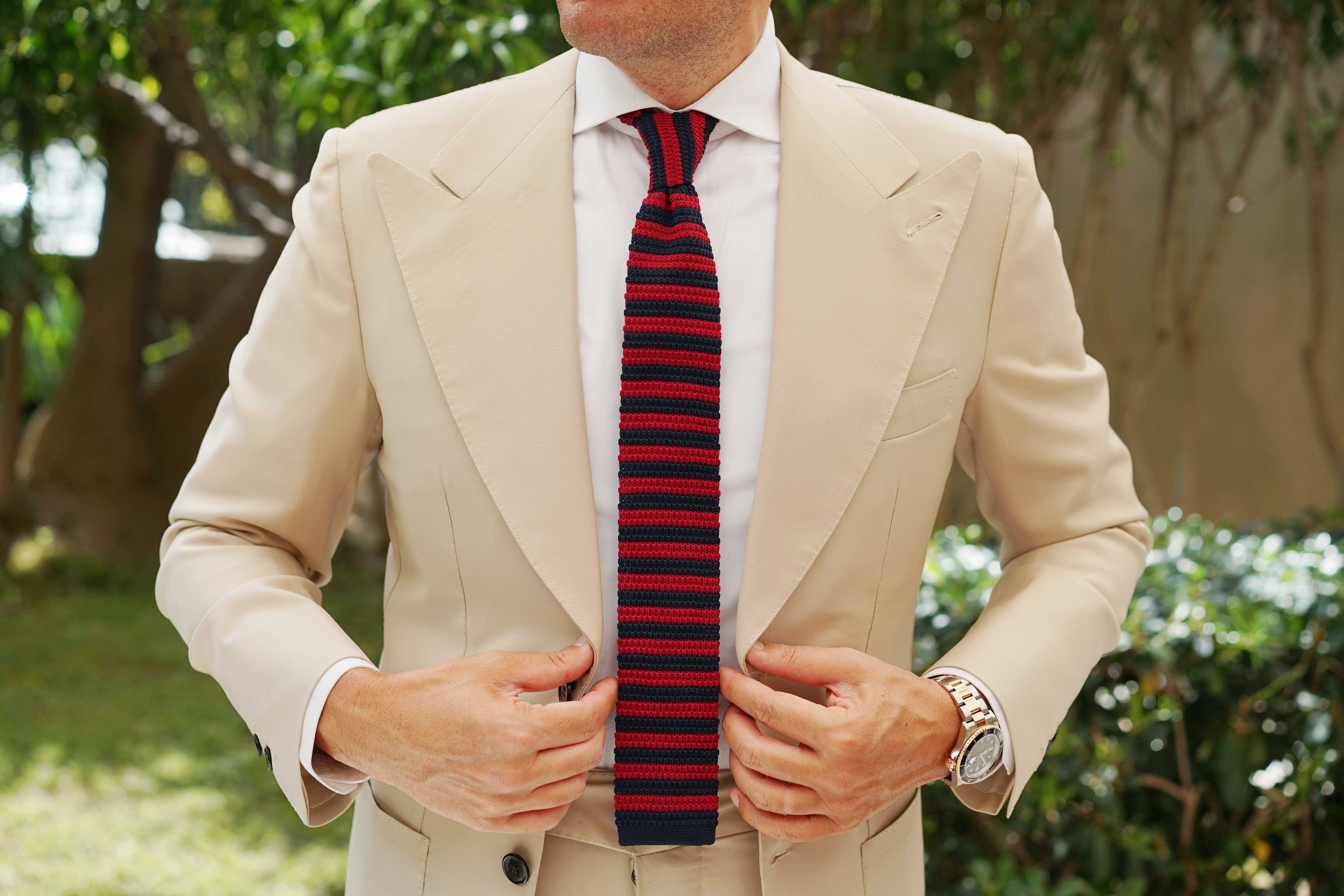 Doyle Navy Blue & Maroon Striped Knitted Tie