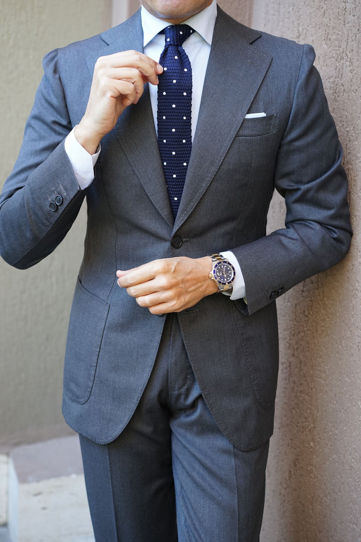 Navy Blue Knitted Tie with White Polka Dots