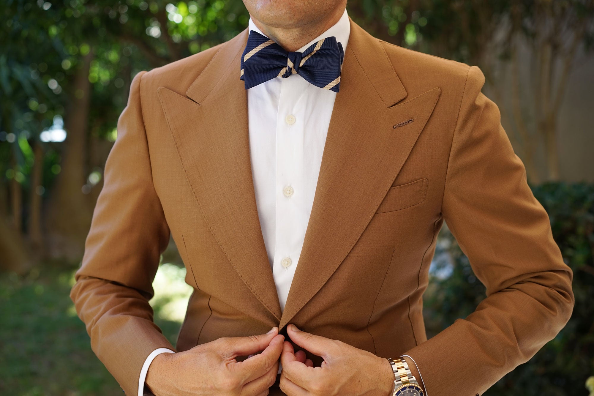 Navy Blue Champagne Gold Striped Self Bow Tie