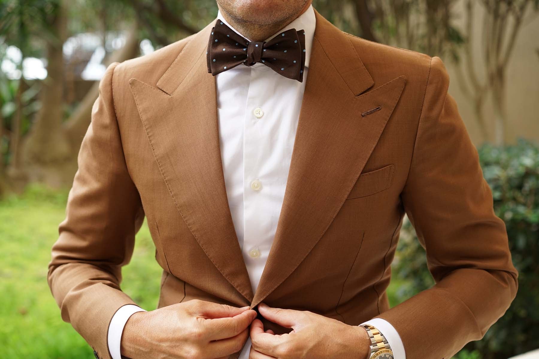 Brown on Blue Polkadot Self Bow Tie