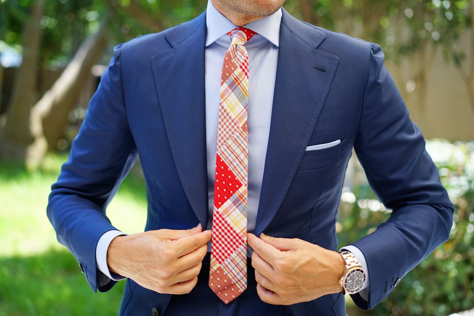 Plaid Red Gingham Cotton Polka Dot Skinny Tie