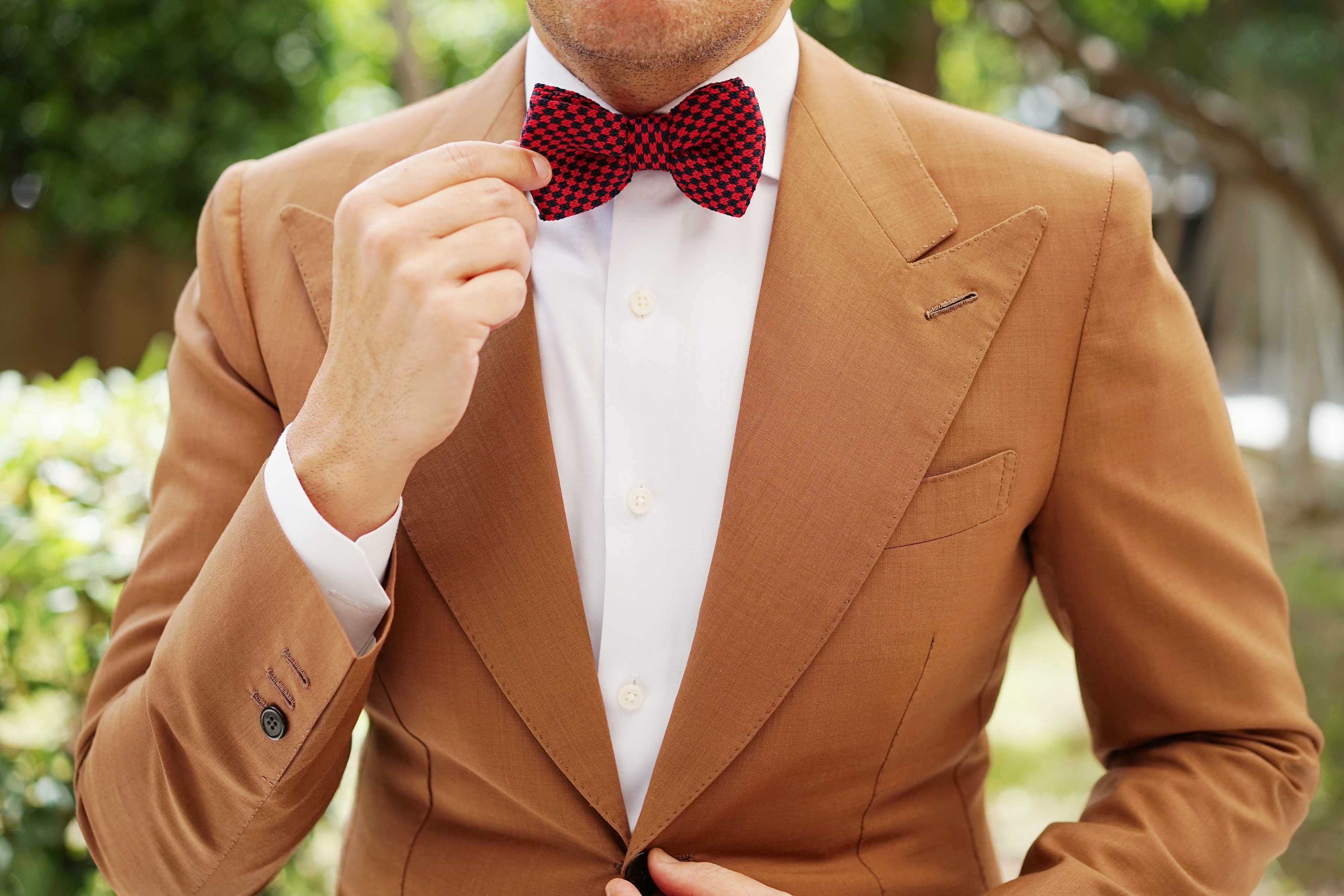 Red with Navy Blue Checkered Knitted Bow Tie