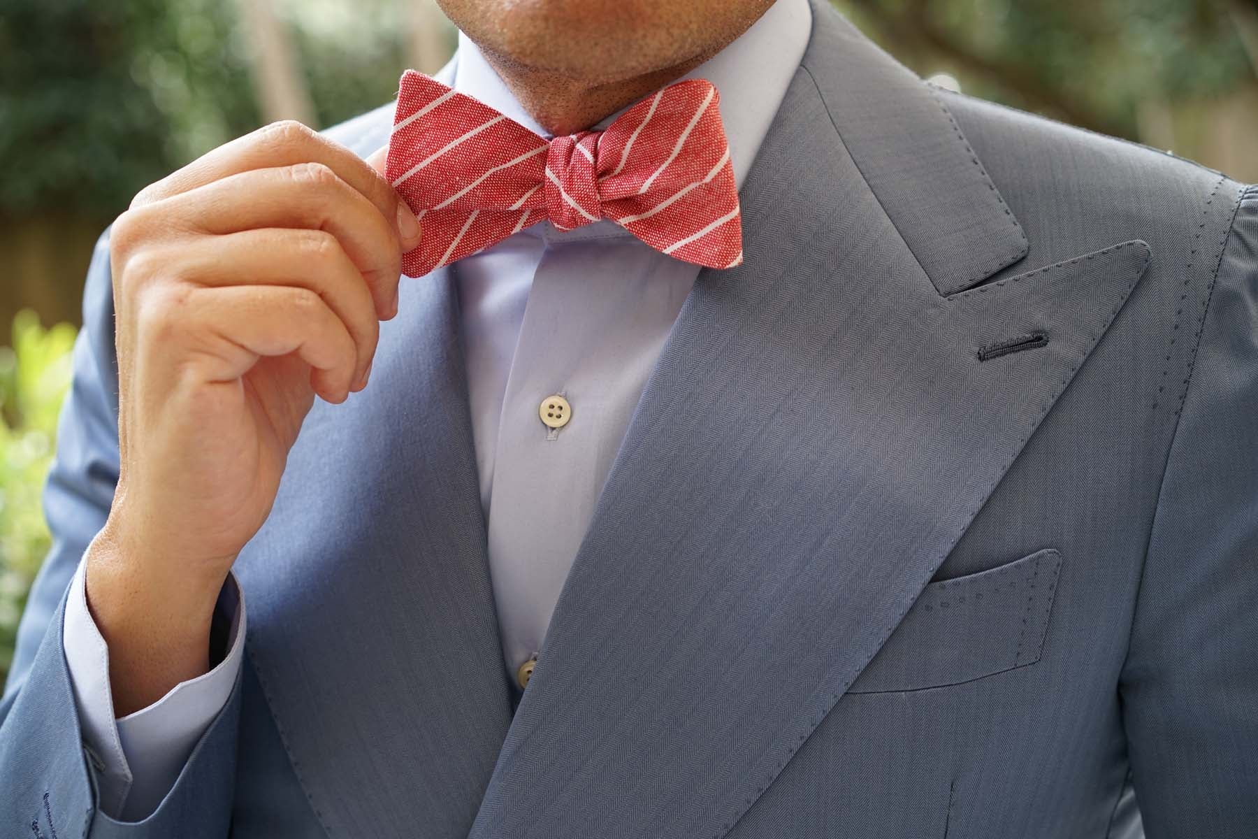 Crimson Red Linen Pinstripe Self Bow Tie