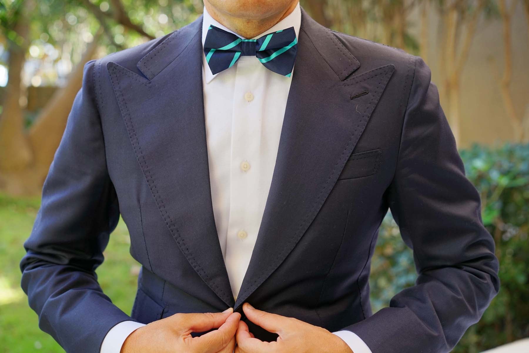 Navy Blue Bow Tie with Striped Light Blue