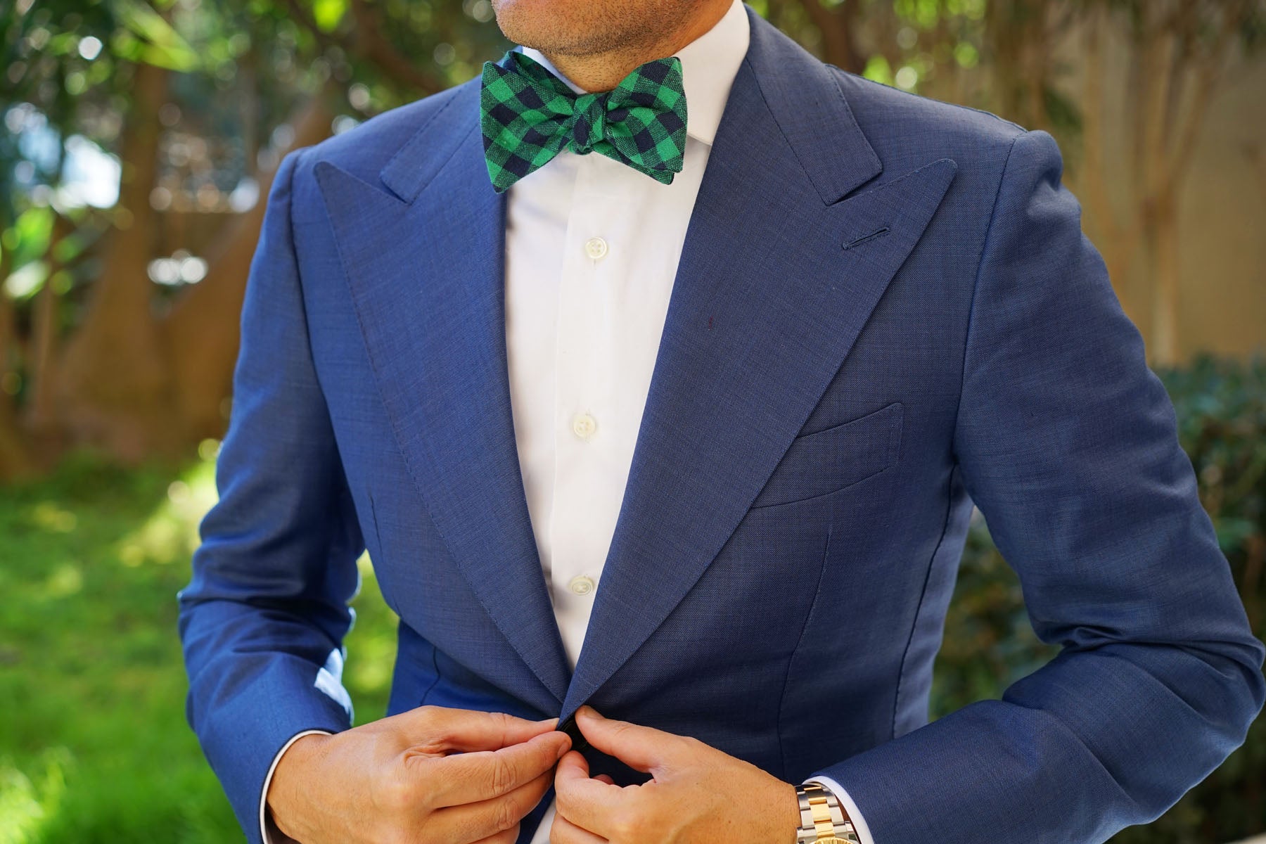 Raw Green Gingham Linen Self Bow Tie