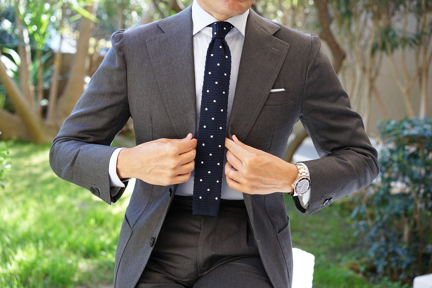 Navy Blue Knitted Tie with White Polka Dots