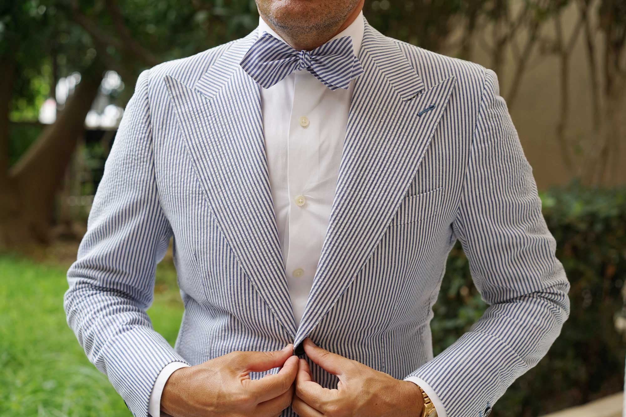 Blue Chalk Stripes Cotton Self Tie Diamond Bow Tie