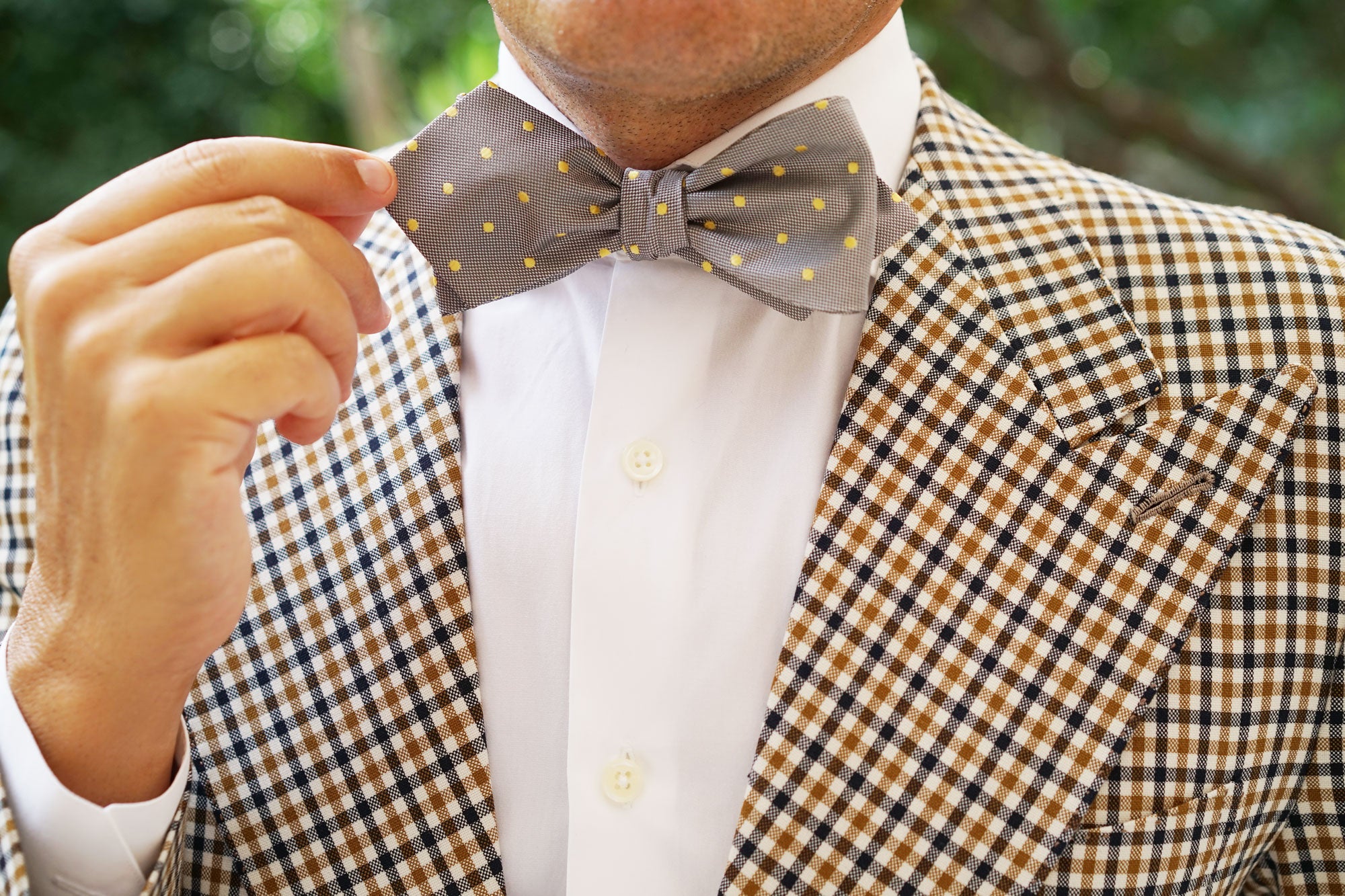 Grey with Yellow Polka Dots Self Tie Diamond Tip Bow Tie