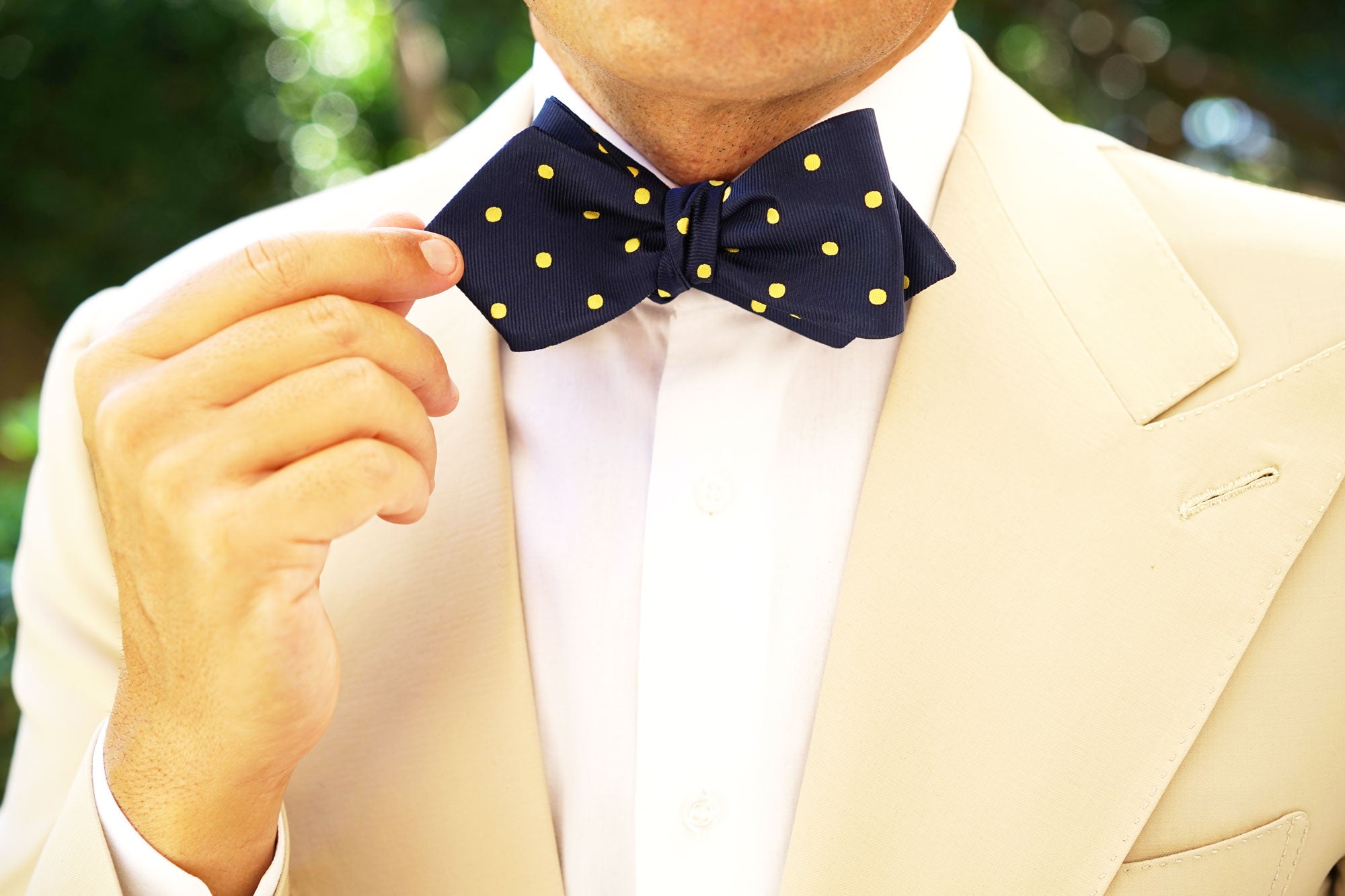 Navy on Large Yellow Dots Diamond Self Bow Tie