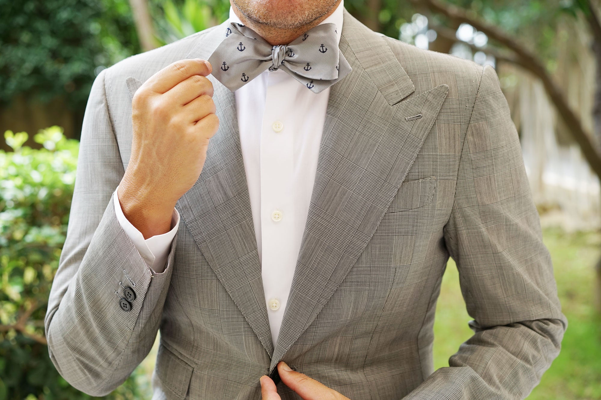 The OTAA Light Grey with Navy Blue Anchors Self Tie Diamond Tip Bow Tie