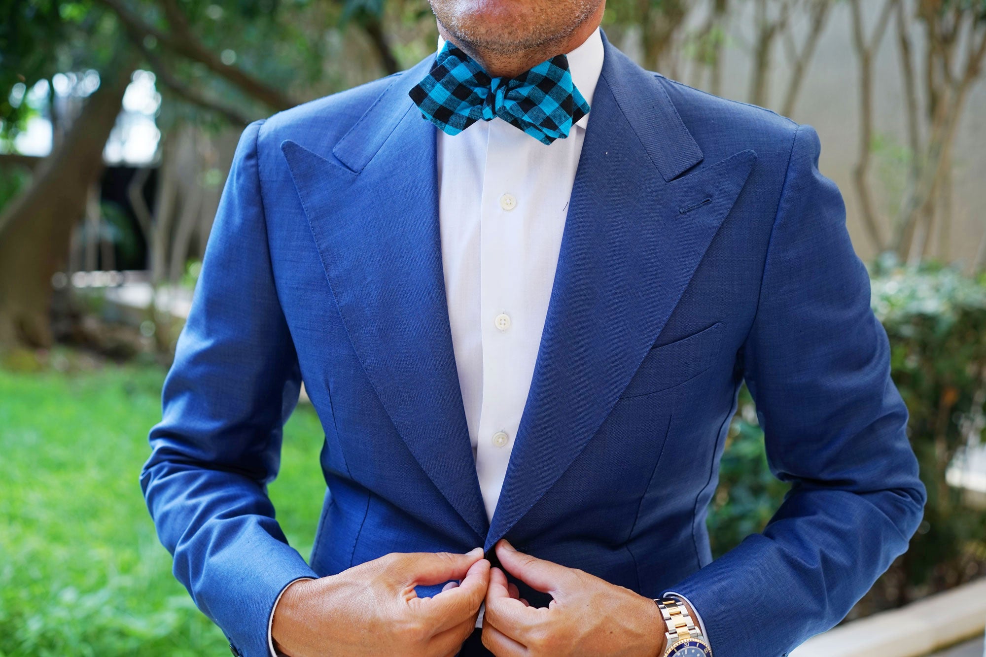 Grim Blue Gingham Diamond Self Bow Tie