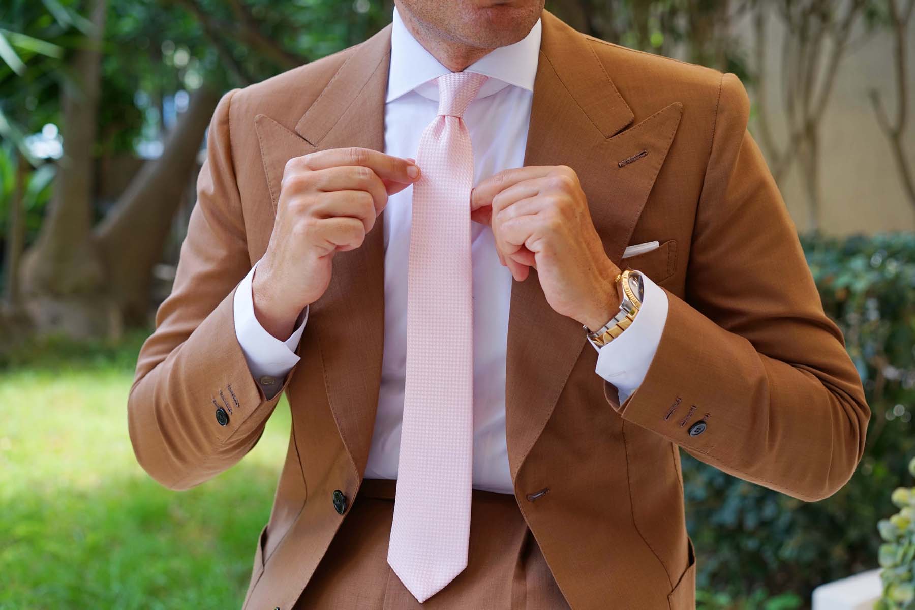 Pink Basket Weave Checkered Skinny Tie