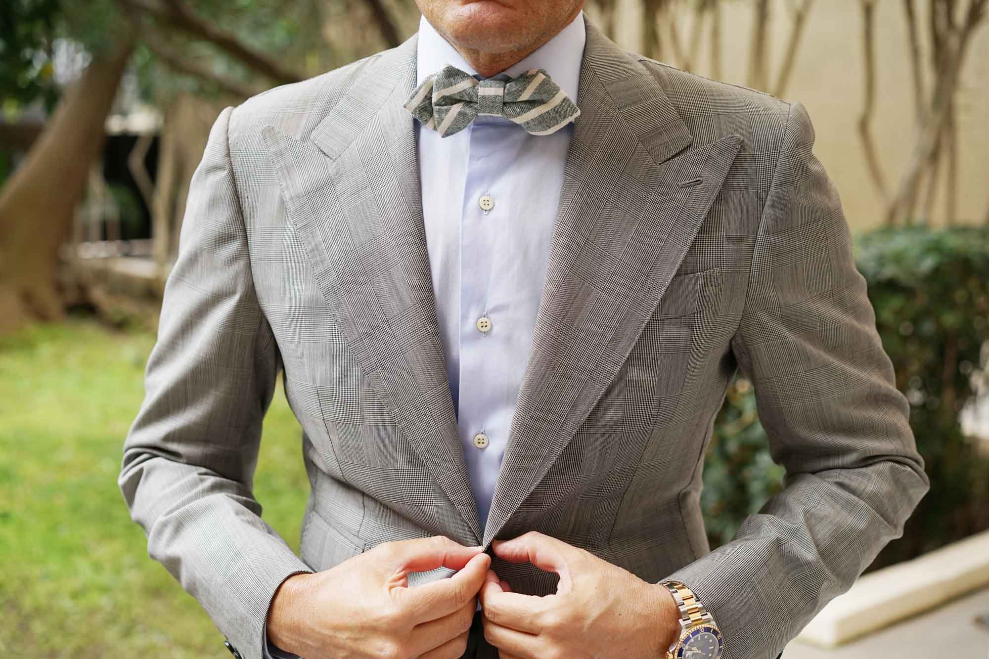 Konya Chalk Stripe Green Linen Diamond Bow Tie