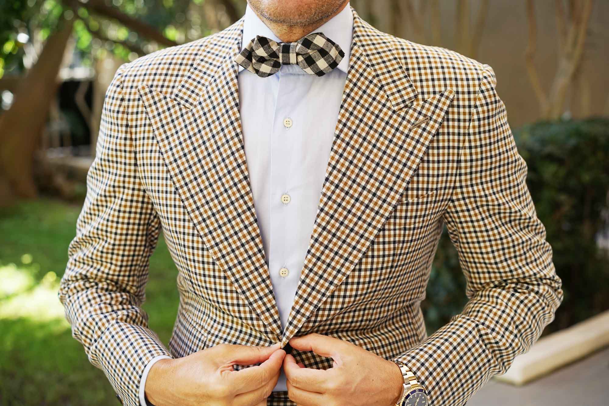 Khaki & Black Gingham Linen Diamond Bow Tie