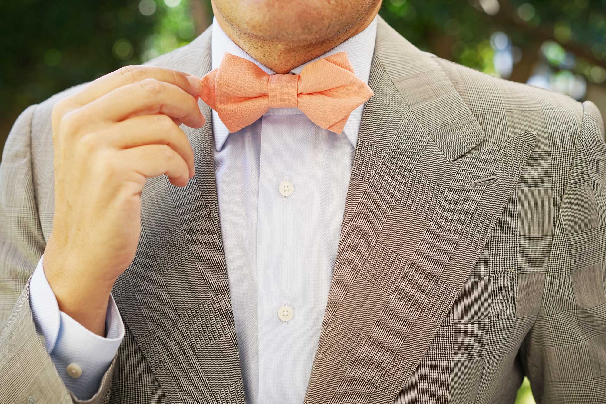 Coral Pink Linen Diamond Bow Tie